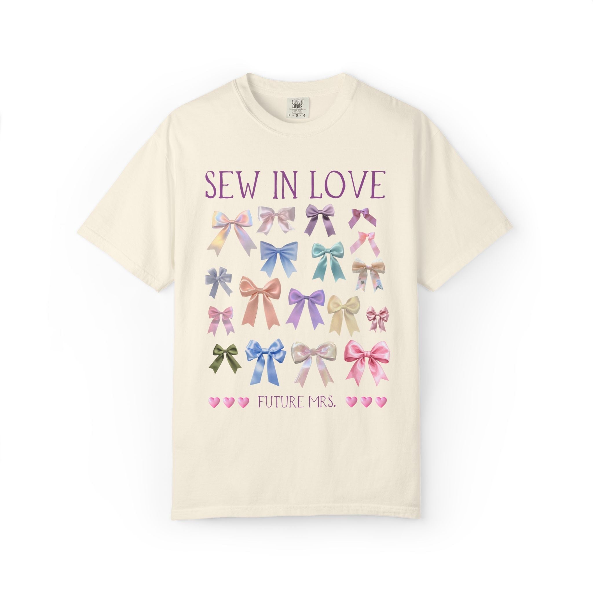 Dreamcore Bow Lover Bachelorette Tee Shirt for Bride Who Loves Crafts and Sewing, Colorful Soft Girl Style Newly Engaged T-Shirt with Hearts - Opal and June