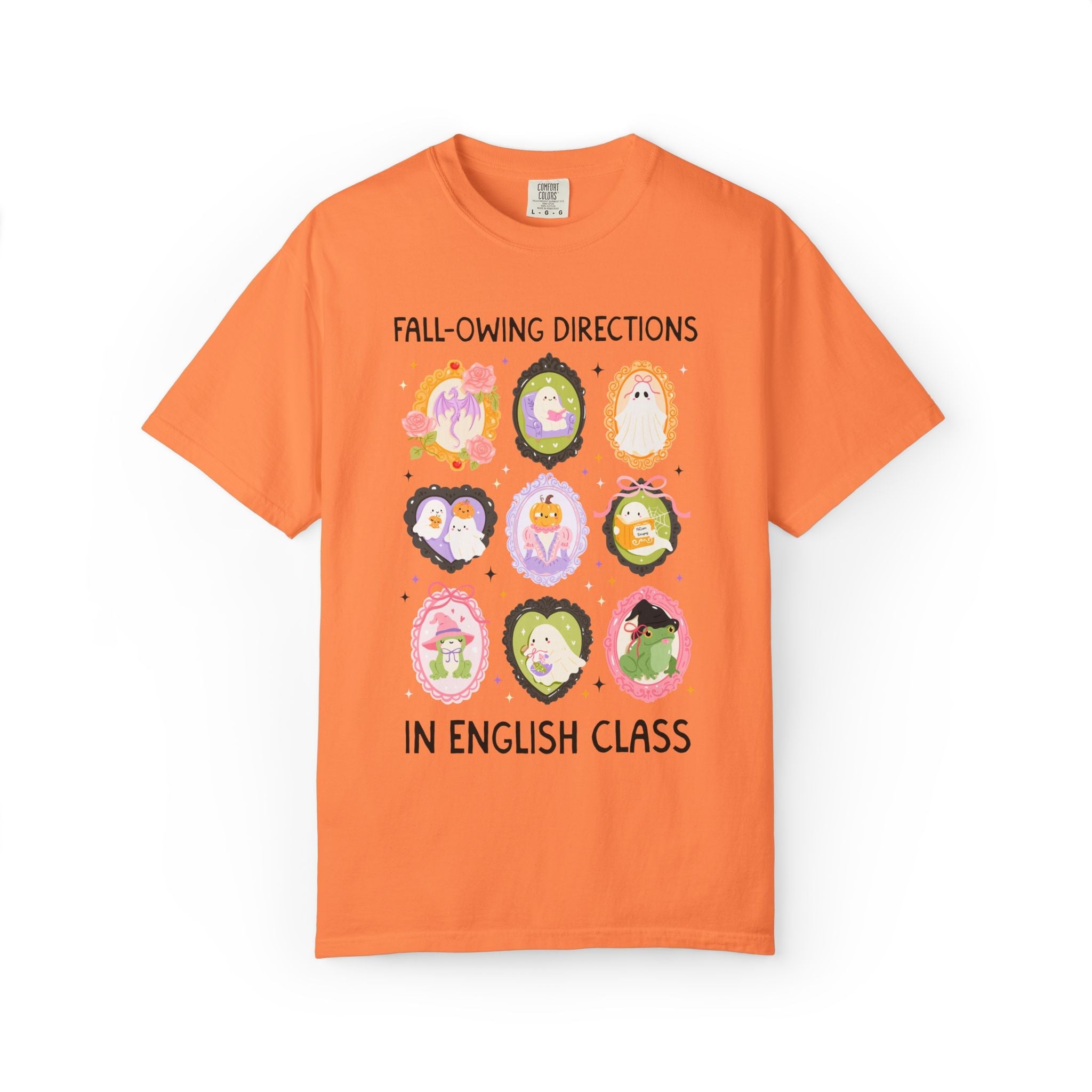 English Halloween Teacher Tee: Fall-Owing Directions Pastel Goth Teacher Team T-Shirt for Fall, Cute Spooky Season Frog Tee with Ghosts - Opal and June