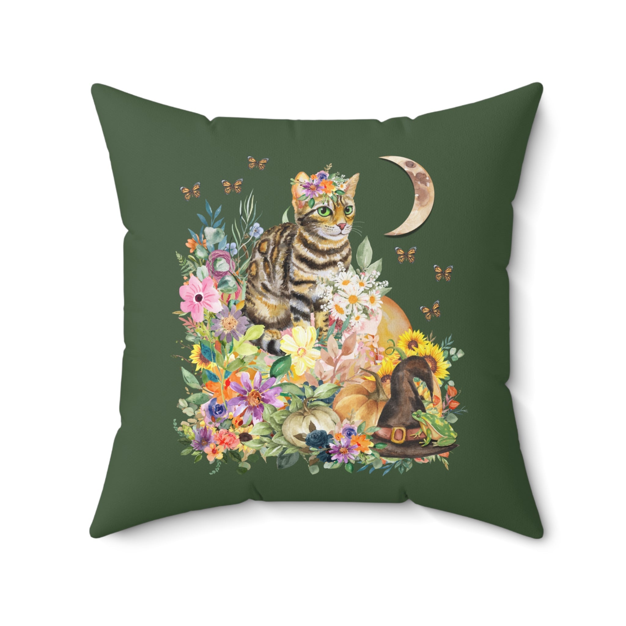 Fairycore Cat Pillow: Cute Cat Pillow for Halloween | Witchy Cat with Butterflies and Flowers, Quirky Fun Pillow with Kitschy Aesthetic - Opal and June