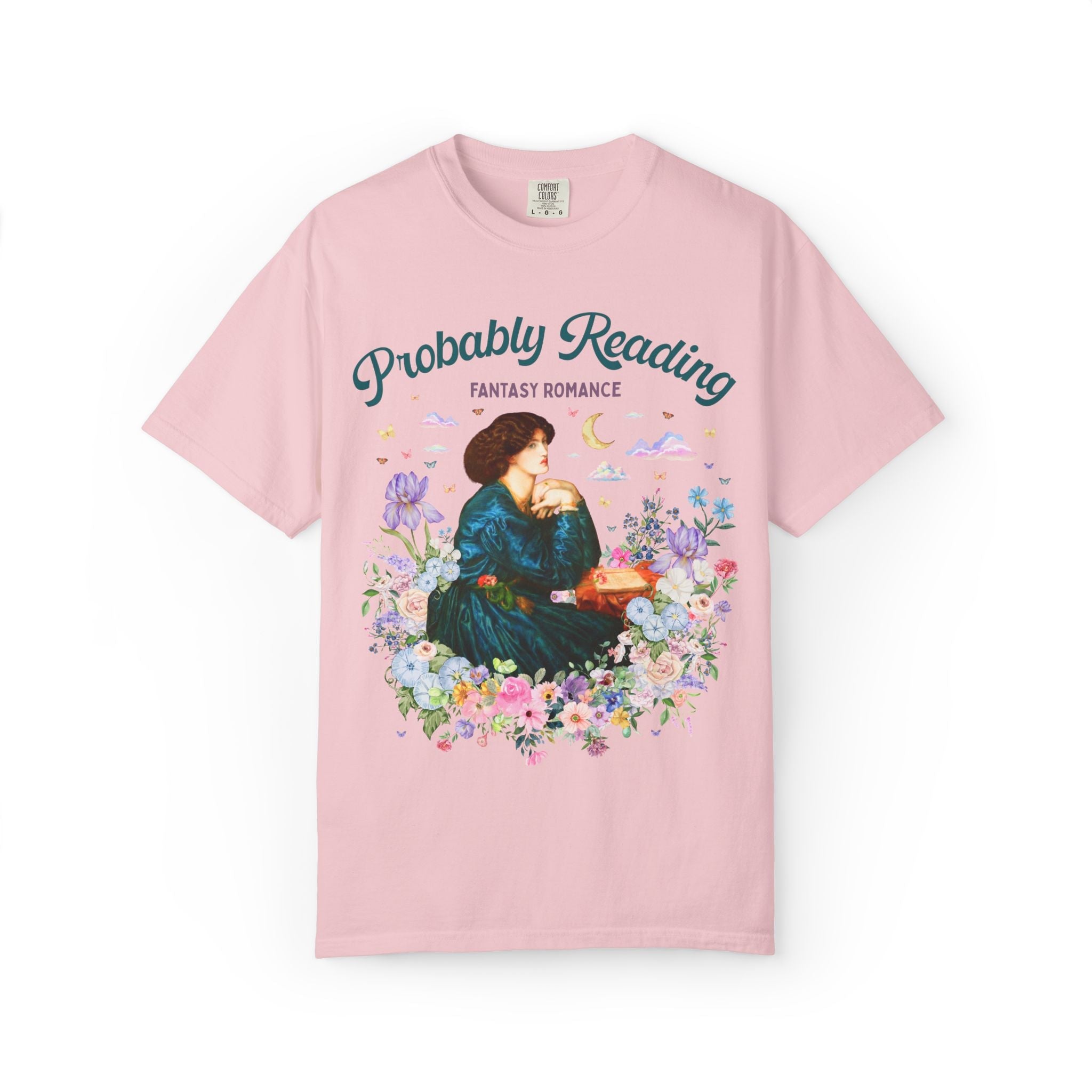 Fantasy Romance Reader Tee Shirt for Art Historian or Museum Lover, Cute Bookish Gift, Dante Gabriel Rossetti Book Lover Tee with Flowers - Opal and June