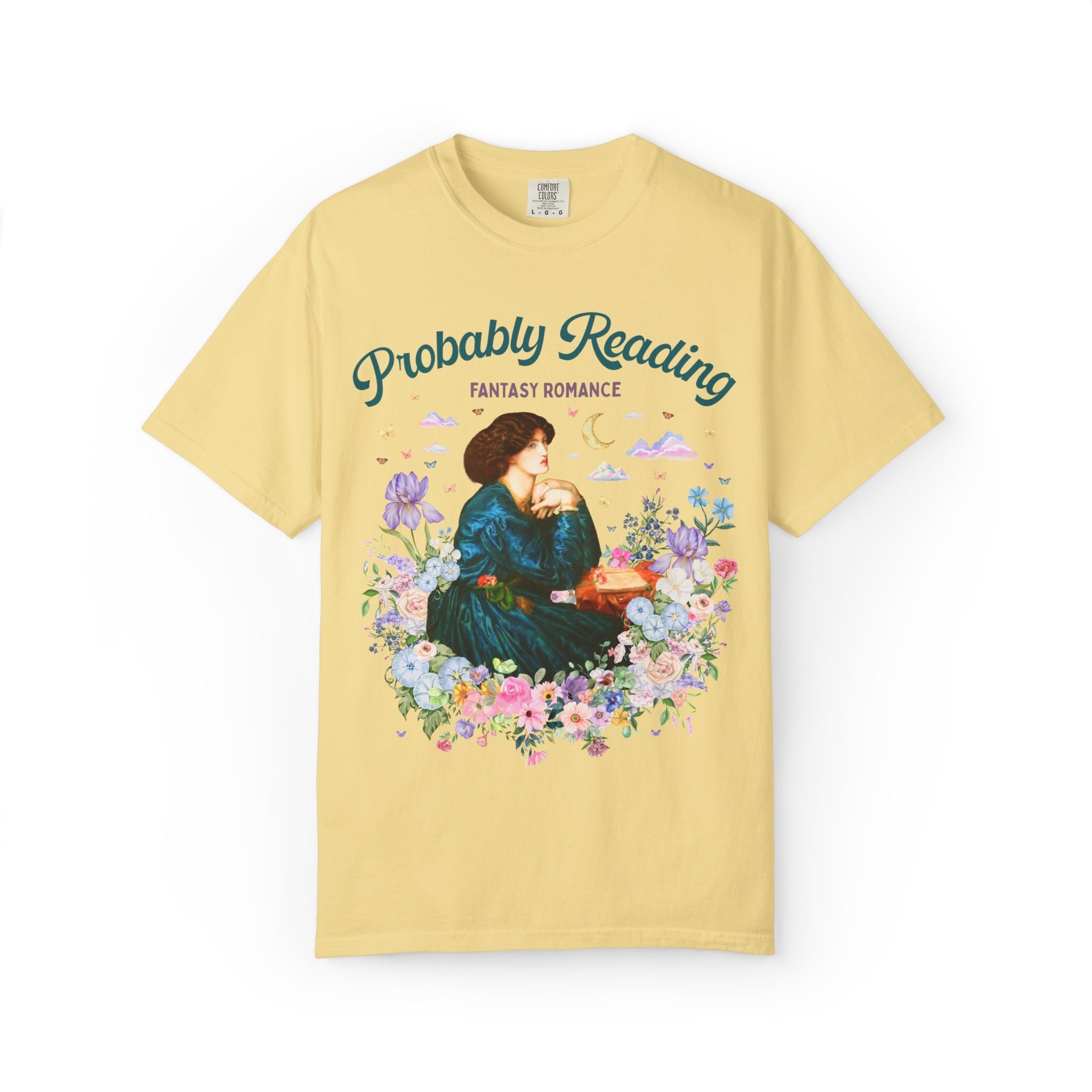 Fantasy Romance Reader Tee Shirt for Art Historian or Museum Lover, Cute Bookish Gift, Dante Gabriel Rossetti Book Lover Tee with Flowers - Opal and June
