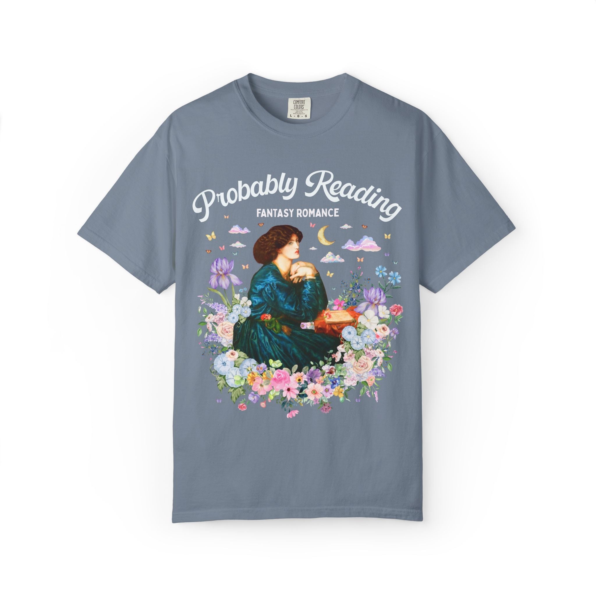 Fantasy Romance Reader Tee Shirt for Art Historian or Museum Lover, Cute Bookish Gift, Dante Gabriel Rossetti Book Lover Tee with Flowers - Opal and June