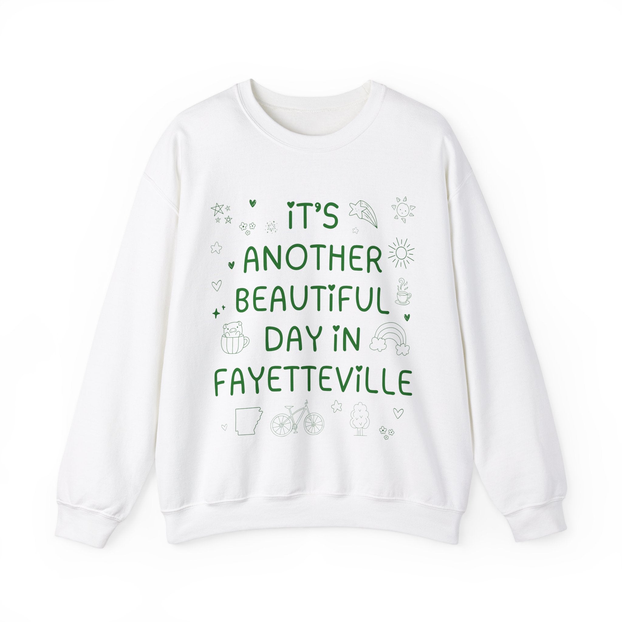 Fayetteville Arkansas Doodle Sweatshirt with Adorable Y2K Aesthetic: Another Beautiful Day in Fayetteville, Cute Arkansas Lover Crewneck - Opal and June
