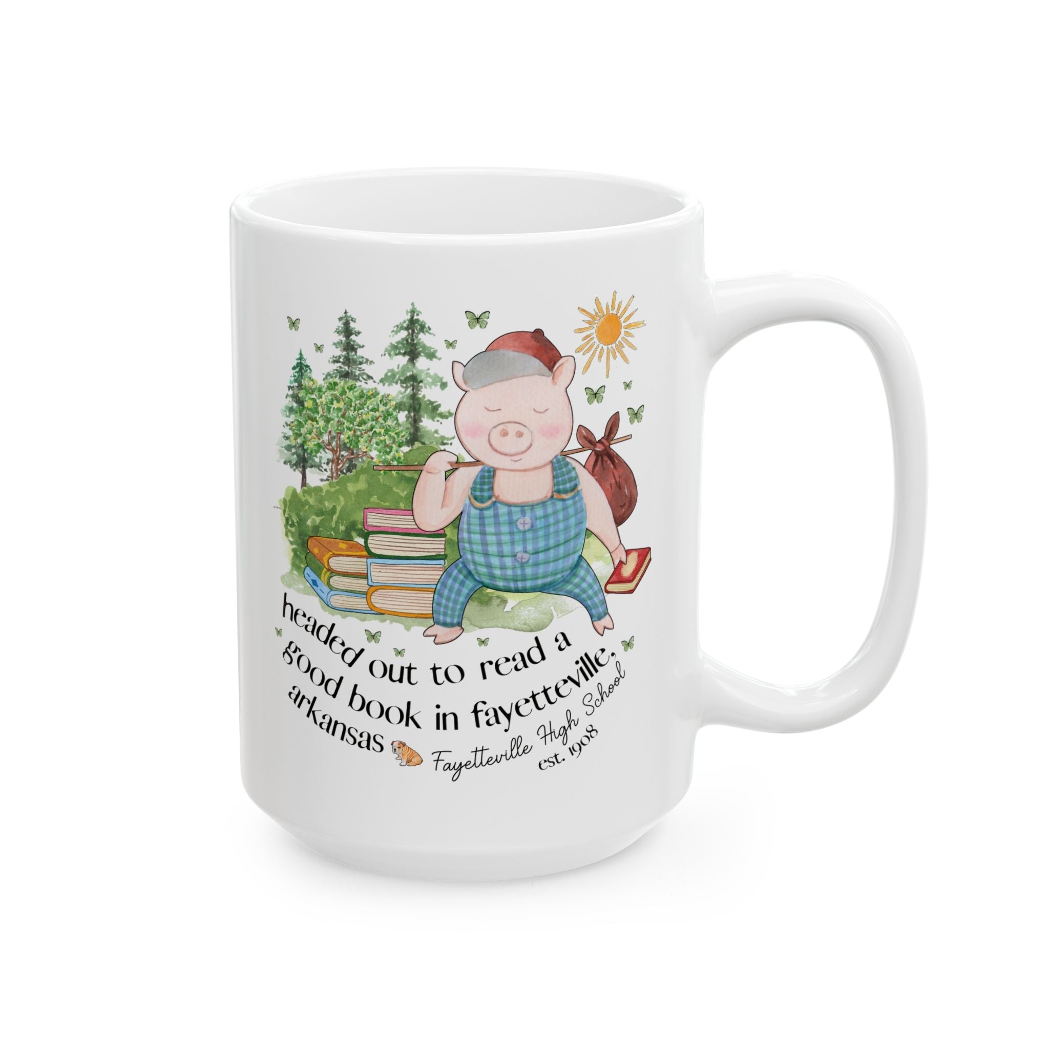 Fayetteville High School Coffee Mug: Off to Read a Book | FPS + Opal and June 15 Oz Coffee Mug, Fayetteville Public Schools - Opal and June