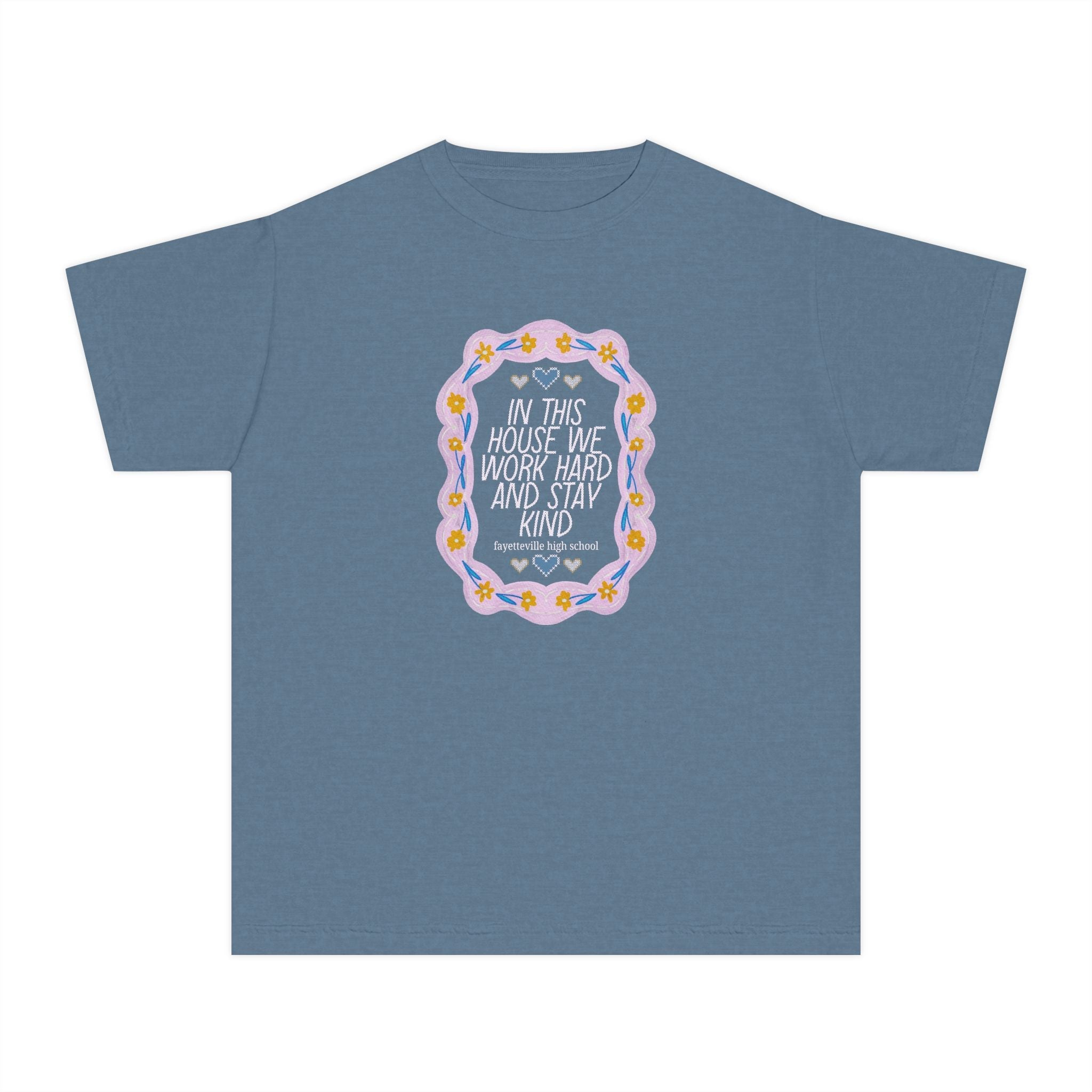 Fayetteville High School Kid Tee Shirt: In This House We Work Hard and Stay Kind | FPS + Opal and June Kids T-Shirt, Fayetteville Public Schools - Opal and June