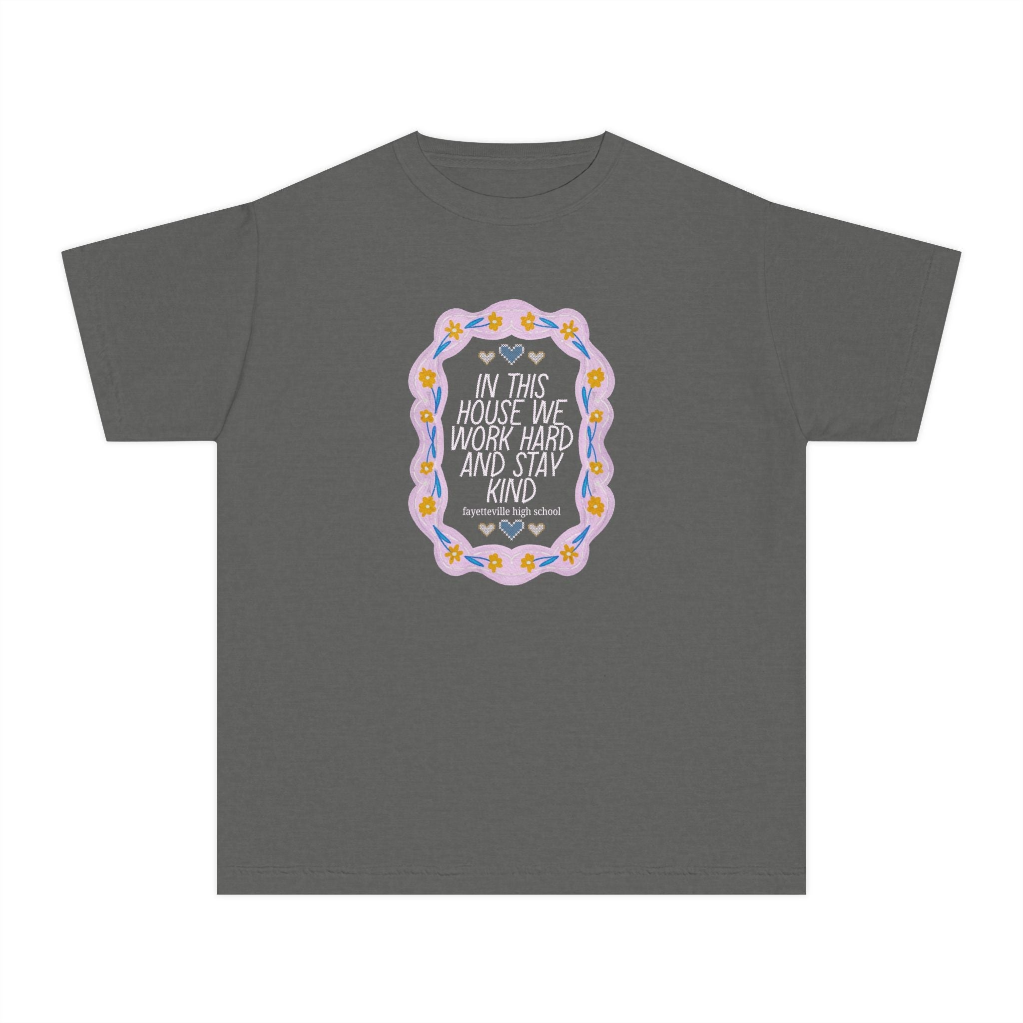 Fayetteville High School Kid Tee Shirt: In This House We Work Hard and Stay Kind | FPS + Opal and June Kids T-Shirt, Fayetteville Public Schools - Opal and June