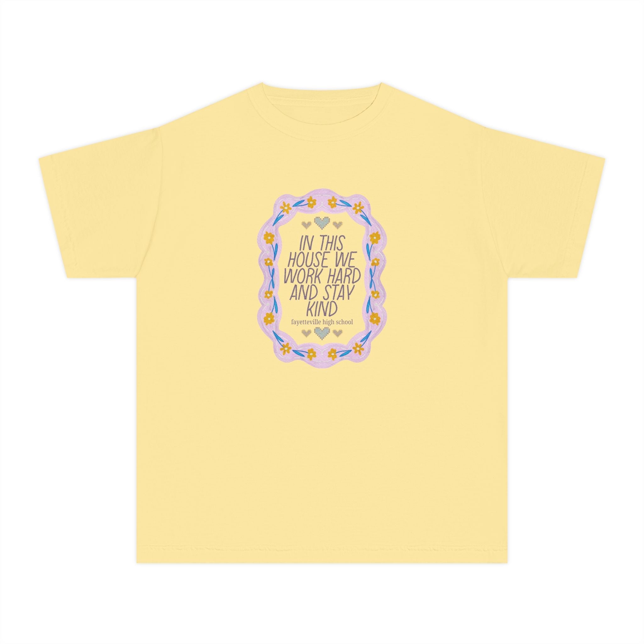 Fayetteville High School Kid Tee Shirt: In This House We Work Hard and Stay Kind | FPS + Opal and June Kids T-Shirt, Fayetteville Public Schools - Opal and June
