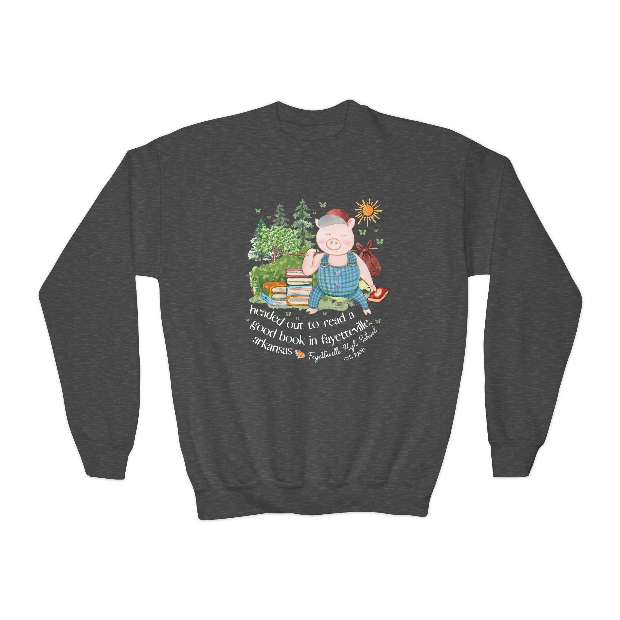 Fayetteville High School Kids Sweatshirt: Off to Read a Book | FPS + Opal and June Kids Sweatshirt, Fayetteville Public Schools - Opal and June