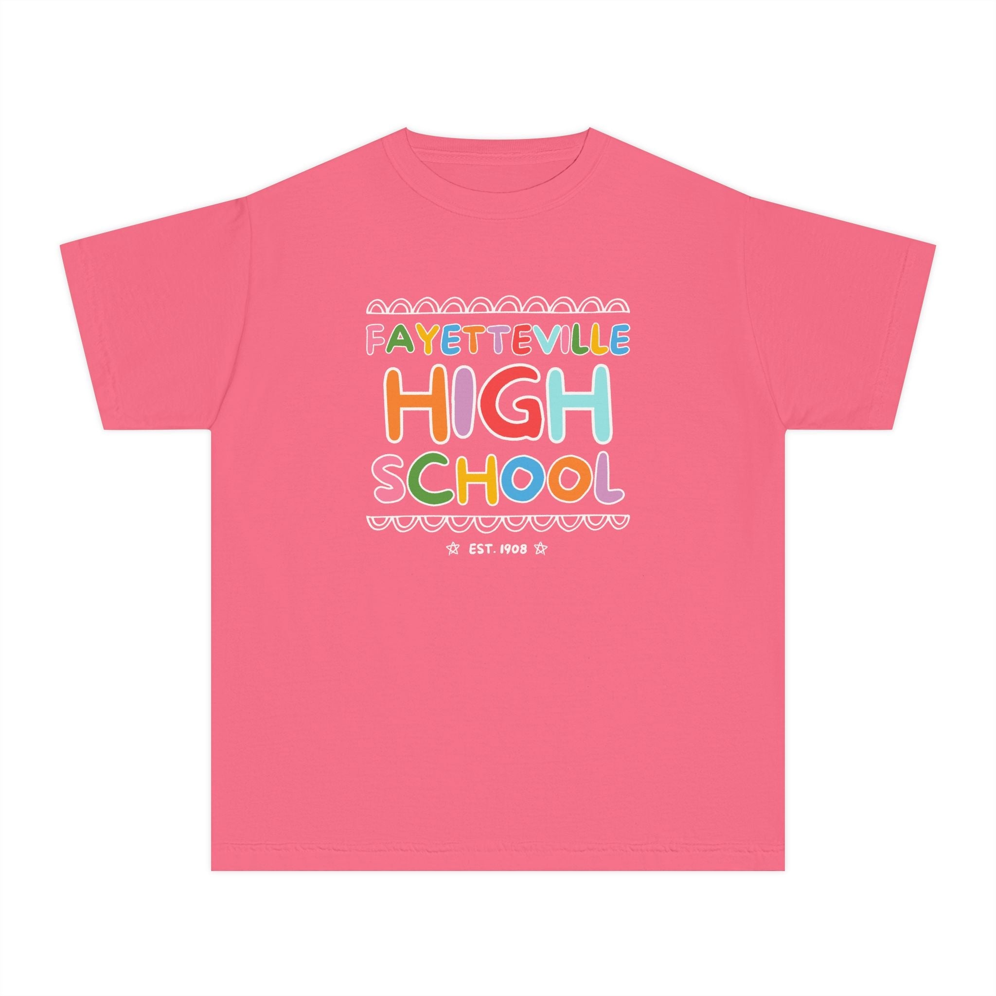 Fayetteville High School Kids Tee Shirt: Rainbow Letters - Opal and June