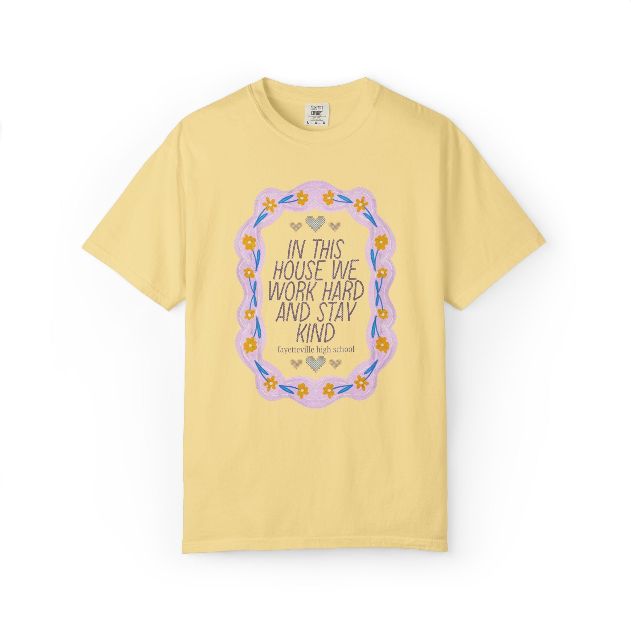 Fayetteville High School Tee Shirt: In This House We Work Hard and Stay Kind | FPS + Opal and June Tee Shirt, Fayetteville Public Schools - Opal and June