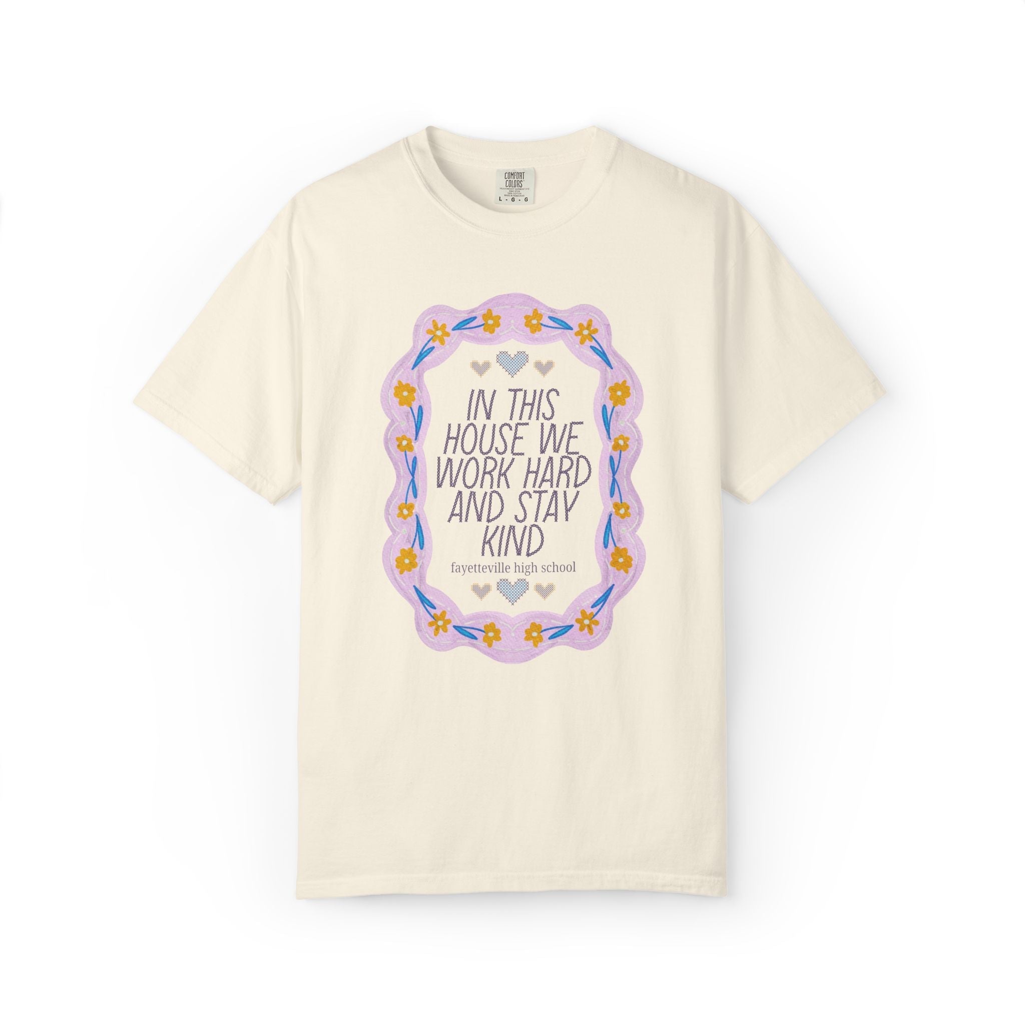 Fayetteville High School Tee Shirt: In This House We Work Hard and Stay Kind | FPS + Opal and June Tee Shirt, Fayetteville Public Schools - Opal and June