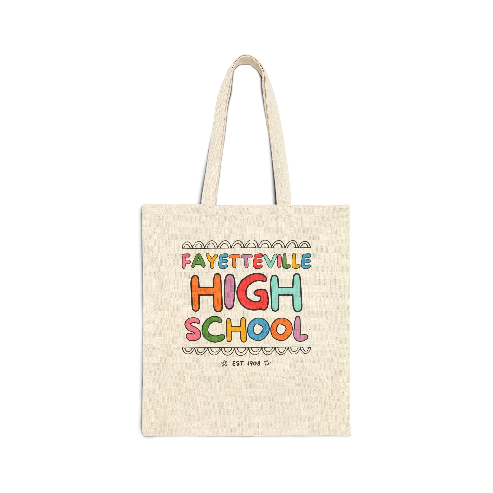 Fayetteville High School Tote Bag: Rainbow Letters | FPS + Opal and June Tote Bag, Fayetteville Public Schools - Opal and June