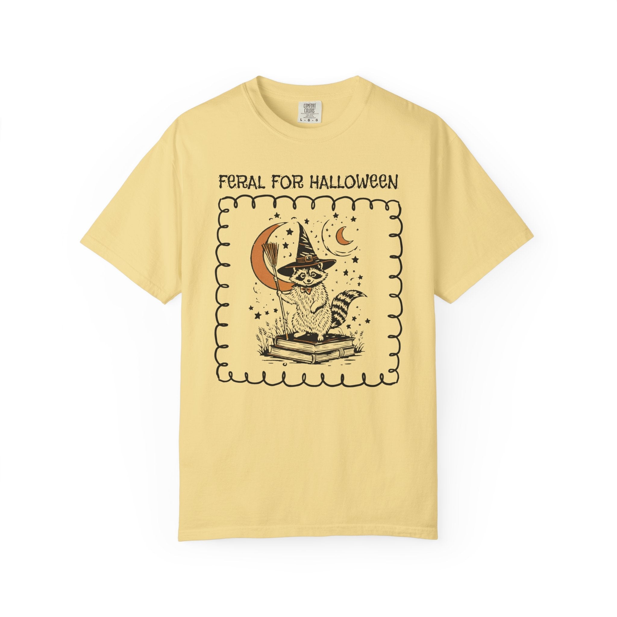 Feral for Halloween: Funny Saying Raccoon Tee Shirt for Fall, Cute Bookish Halloween T-Shirt for Animal Lover, Celestial Magic Witchy Tee - Opal and June