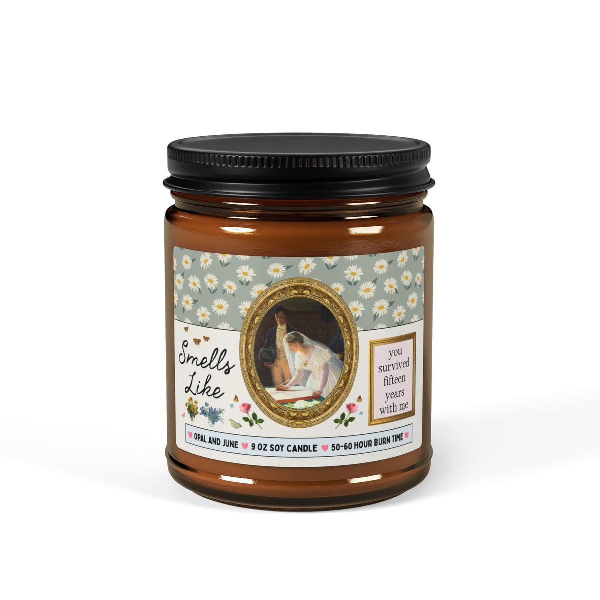 Fifteen Year Anniversary Gift: Smells Like You Survived Fifteen Years with Me Candle, Funny Art History Buff 9 Oz Soy Candle Famous Painting - Opal and June