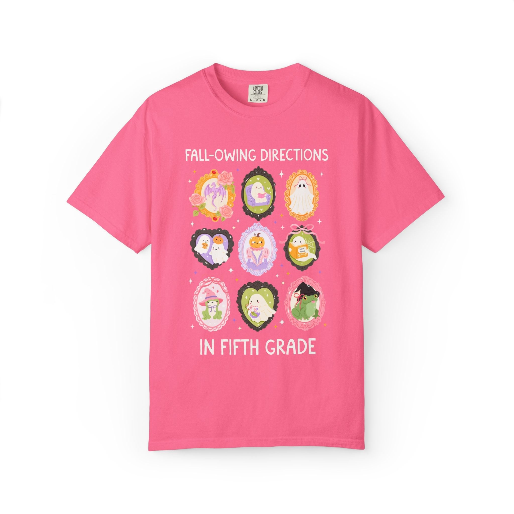 Fifth Grade Halloween Teacher Tee: Fall-Owing Directions Pastel Goth Teacher Team T-Shirt for Fall, Cute Spooky Season Frog Tee with Ghosts - Opal and June