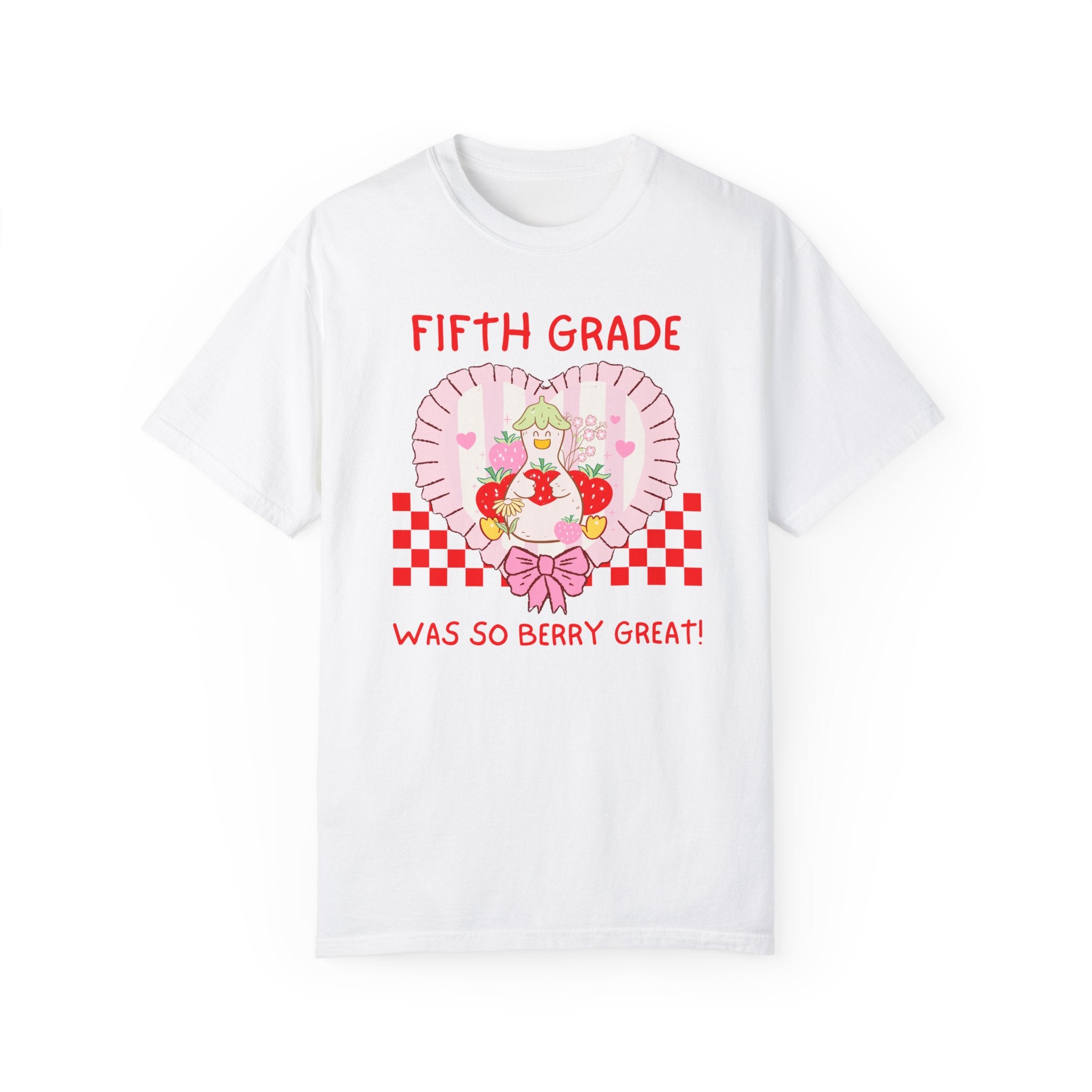 Fifth Grade Last Day of School Teacher Tee Shirt with Silly Goose Holding Strawberries in a Heart, Cute Matching Fifth Grade Crew T-Shirt - Opal and June