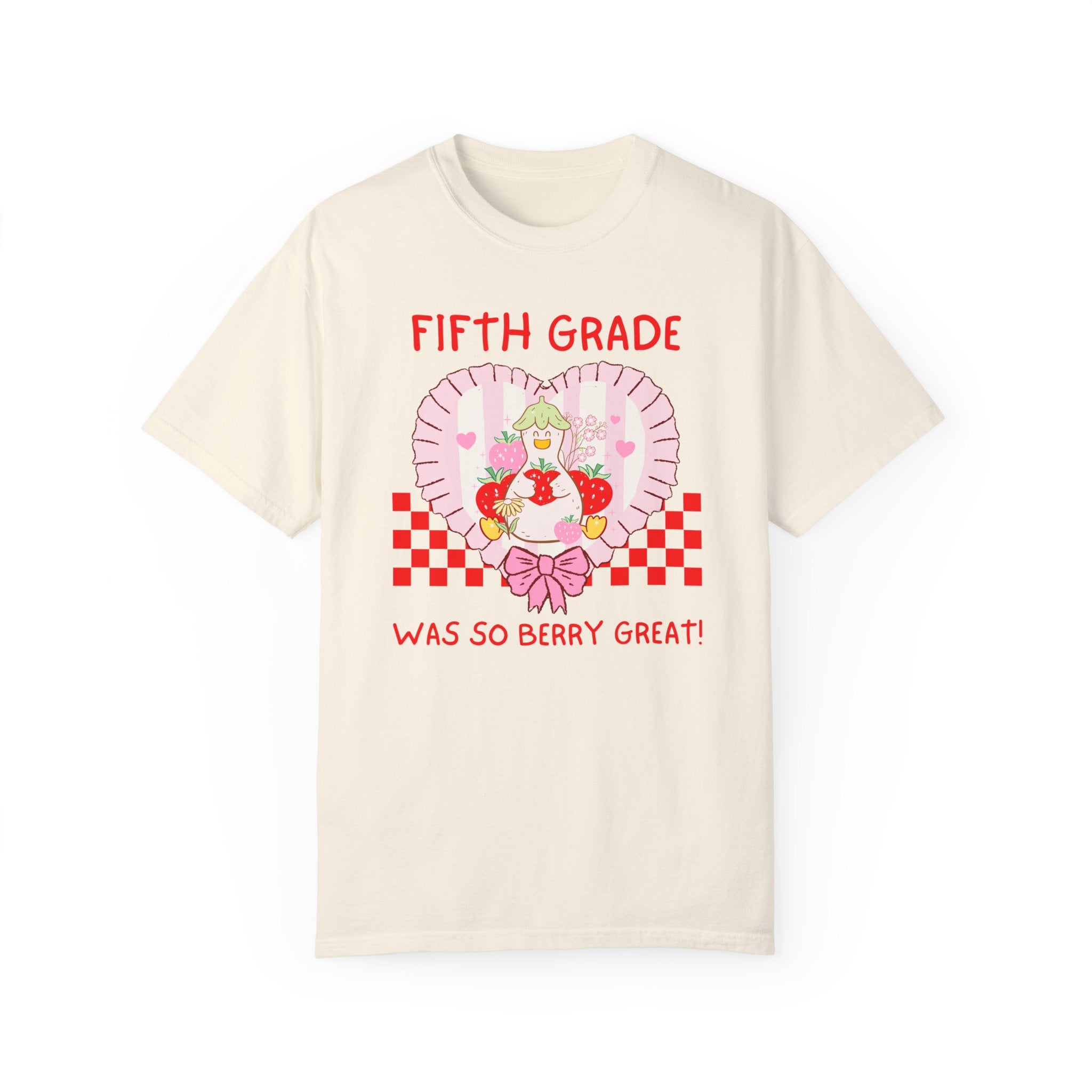 Fifth Grade Last Day of School Teacher Tee Shirt with Silly Goose Holding Strawberries in a Heart, Cute Matching Fifth Grade Crew T-Shirt - Opal and June