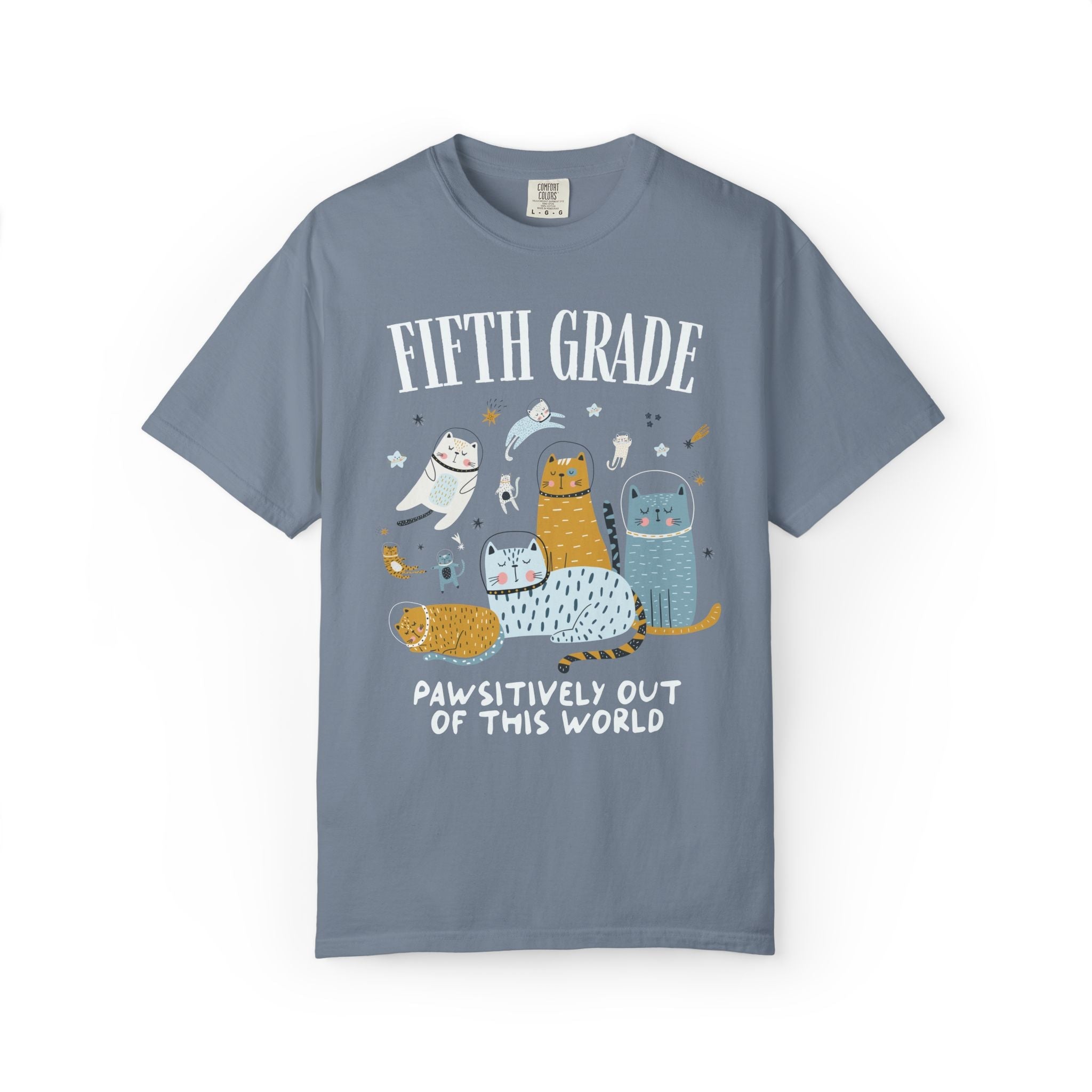 Fifth Grade Teacher Space Cat Tee Shirt with Astronaut Kittens and Stars: Pawsitively Out of This World Teacher Team T-Shirt for Cat Lover - Opal and June