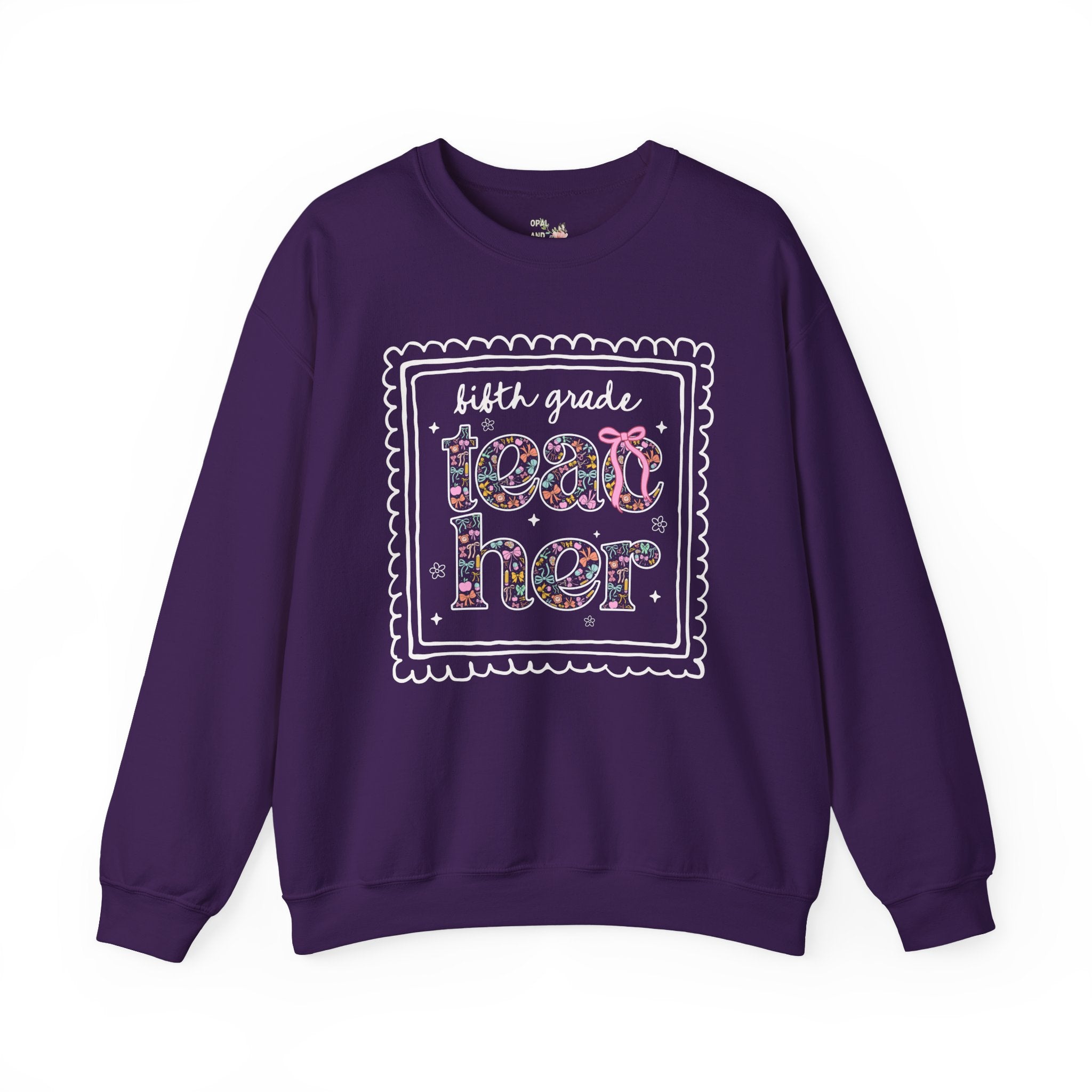 Fifth Grade Teacher Sweatshirt for Back to School, Cute Floral Matching Fifth Grade Crew Crewneck with Bow, Cute Nineties Aesthetic Doodles - Opal and June