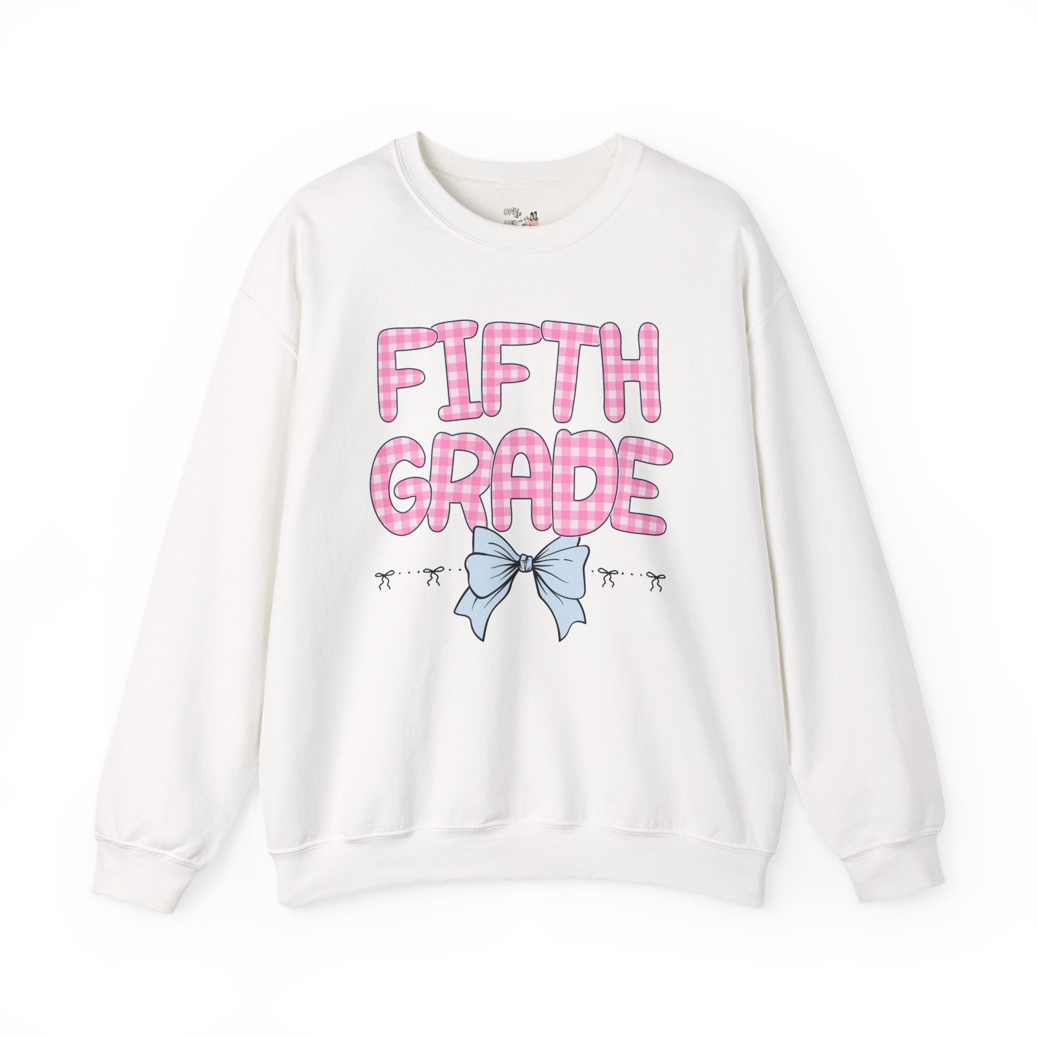 Fifth Grade Teacher Sweatshirt, Pink Gingham Letters, First Day of School, Back to School Matching Teacher Shirt with Bow, Soft Girl Style - Opal and June