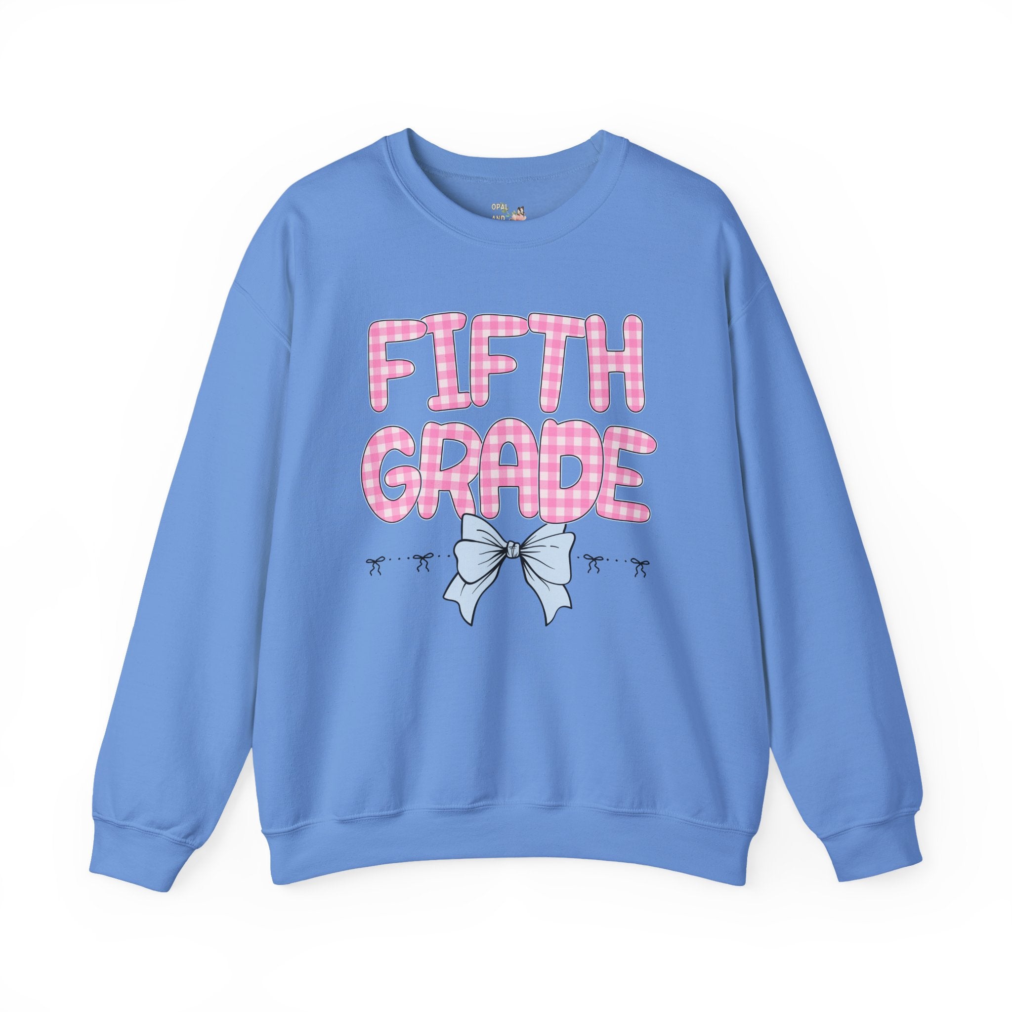 Fifth Grade Teacher Sweatshirt, Pink Gingham Letters, First Day of School, Back to School Matching Teacher Shirt with Bow, Soft Girl Style - Opal and June