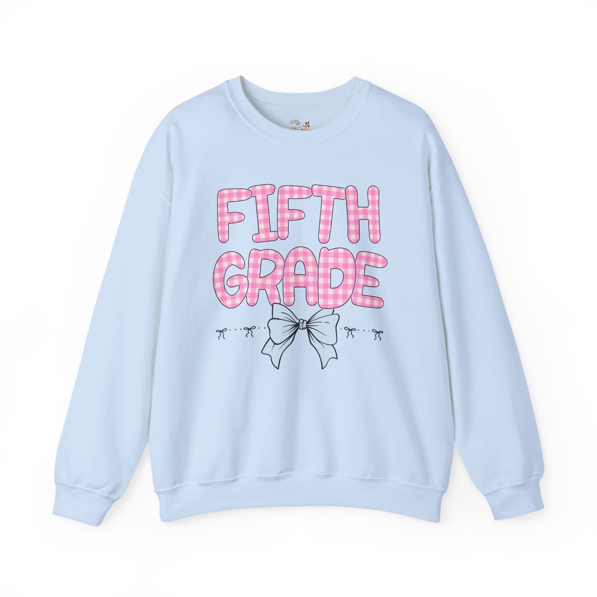 Fifth Grade Teacher Sweatshirt, Pink Gingham Letters, First Day of School, Back to School Matching Teacher Shirt with Bow, Soft Girl Style - Opal and June