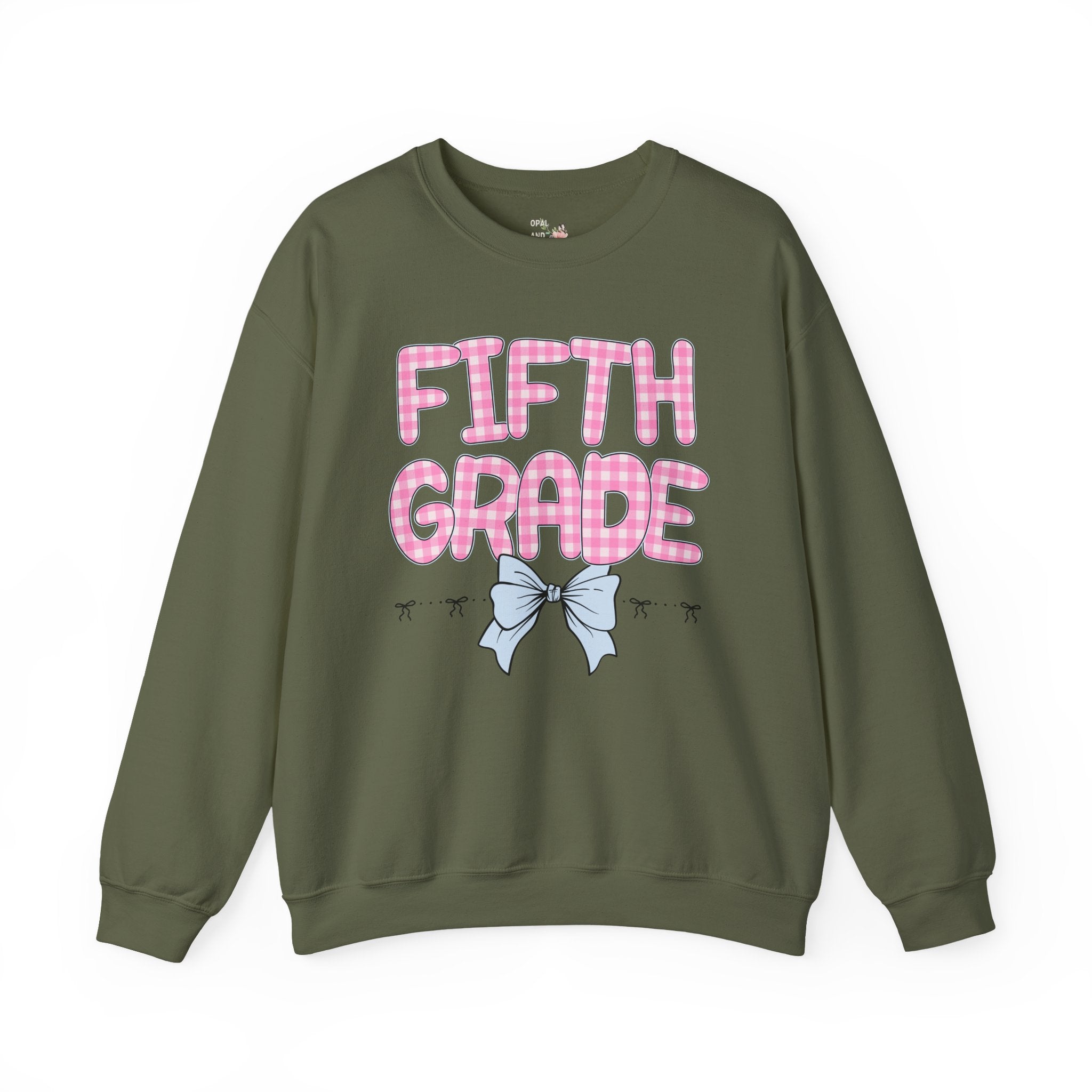 Fifth Grade Teacher Sweatshirt, Pink Gingham Letters, First Day of School, Back to School Matching Teacher Shirt with Bow, Soft Girl Style - Opal and June