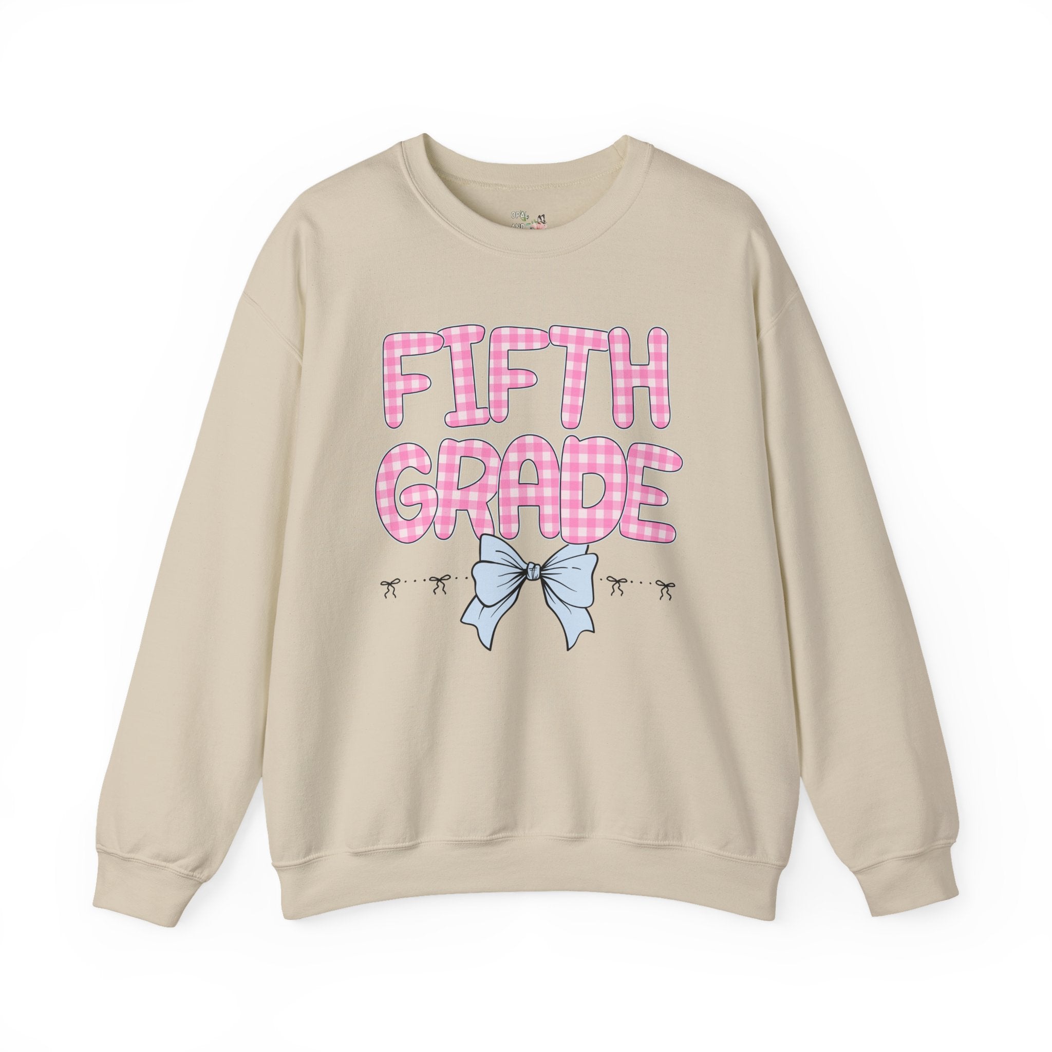 Fifth Grade Teacher Sweatshirt, Pink Gingham Letters, First Day of School, Back to School Matching Teacher Shirt with Bow, Soft Girl Style - Opal and June