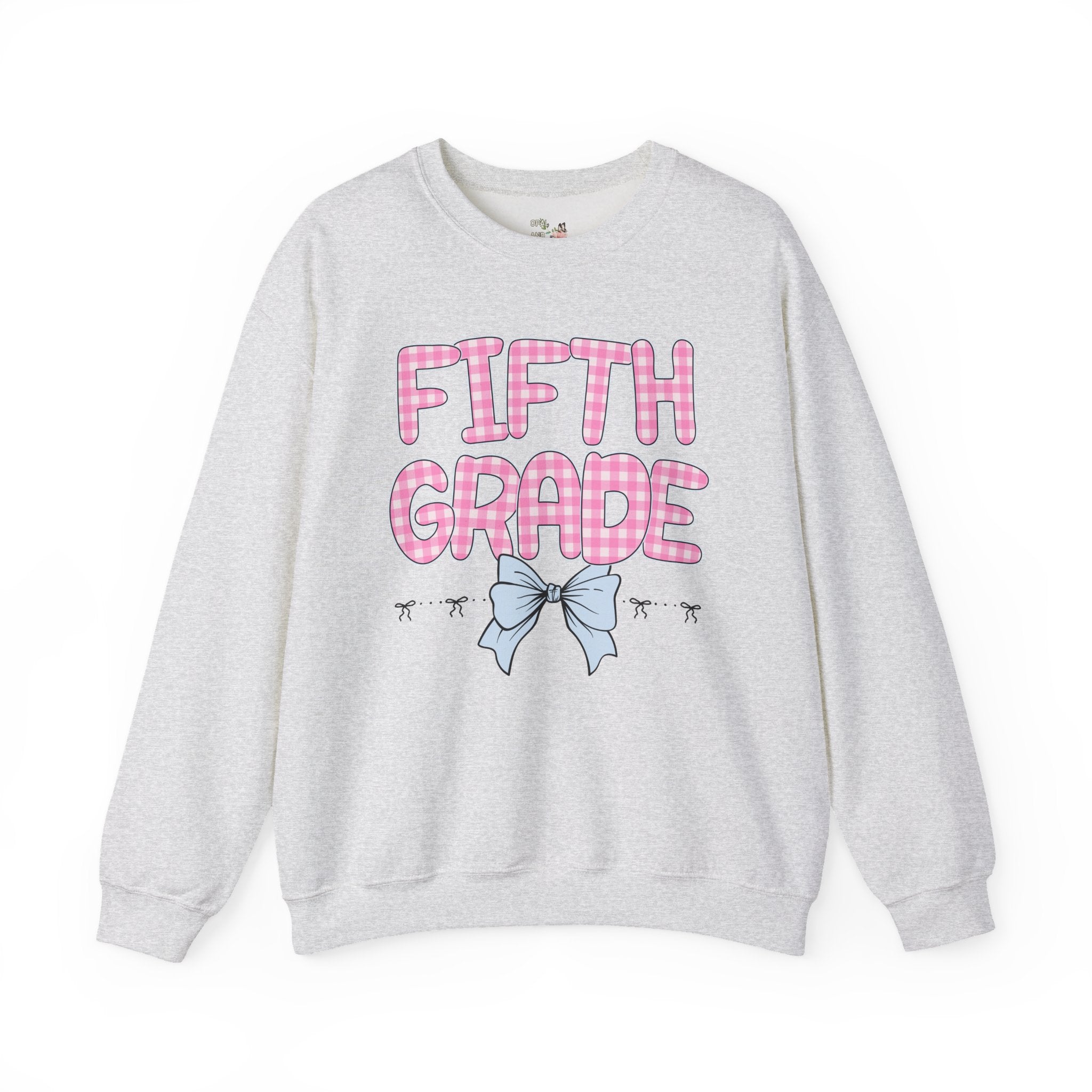 Fifth Grade Teacher Sweatshirt, Pink Gingham Letters, First Day of School, Back to School Matching Teacher Shirt with Bow, Soft Girl Style - Opal and June