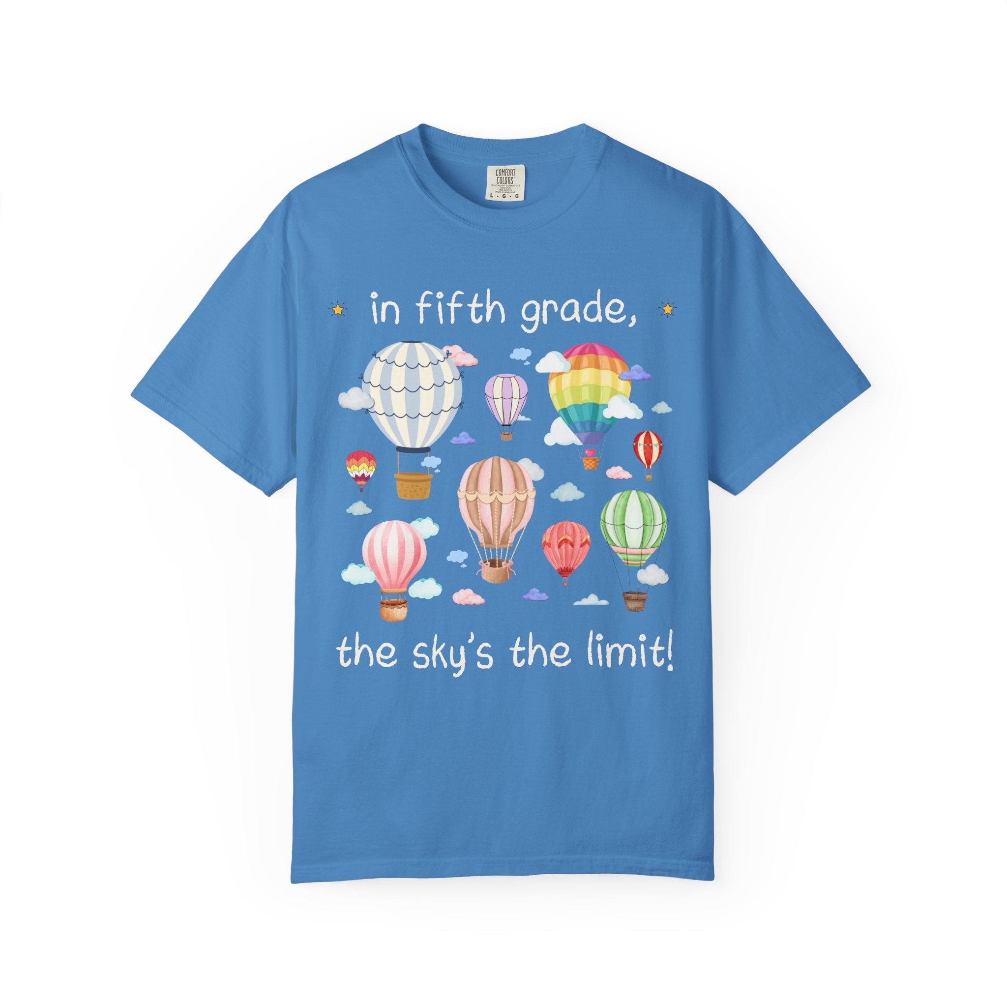Fifth Grade Teacher T-Shirt with Cute Retro Hot Air Balloons, Uplifting Colorful Maximalist Back to School Matching Teacher Tee with Clouds - Opal and June