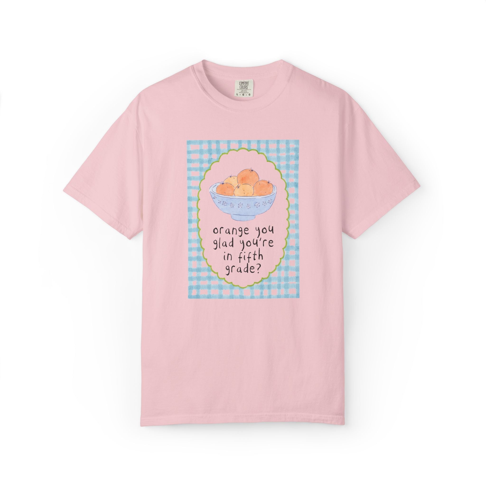 Fifth Grade Teacher Tee: Orange You Glad Matching Teacher Tee Shirt, Silly and Cute Back to School Tee with Blue Gingham and Oranges in a Bowl - Opal and June