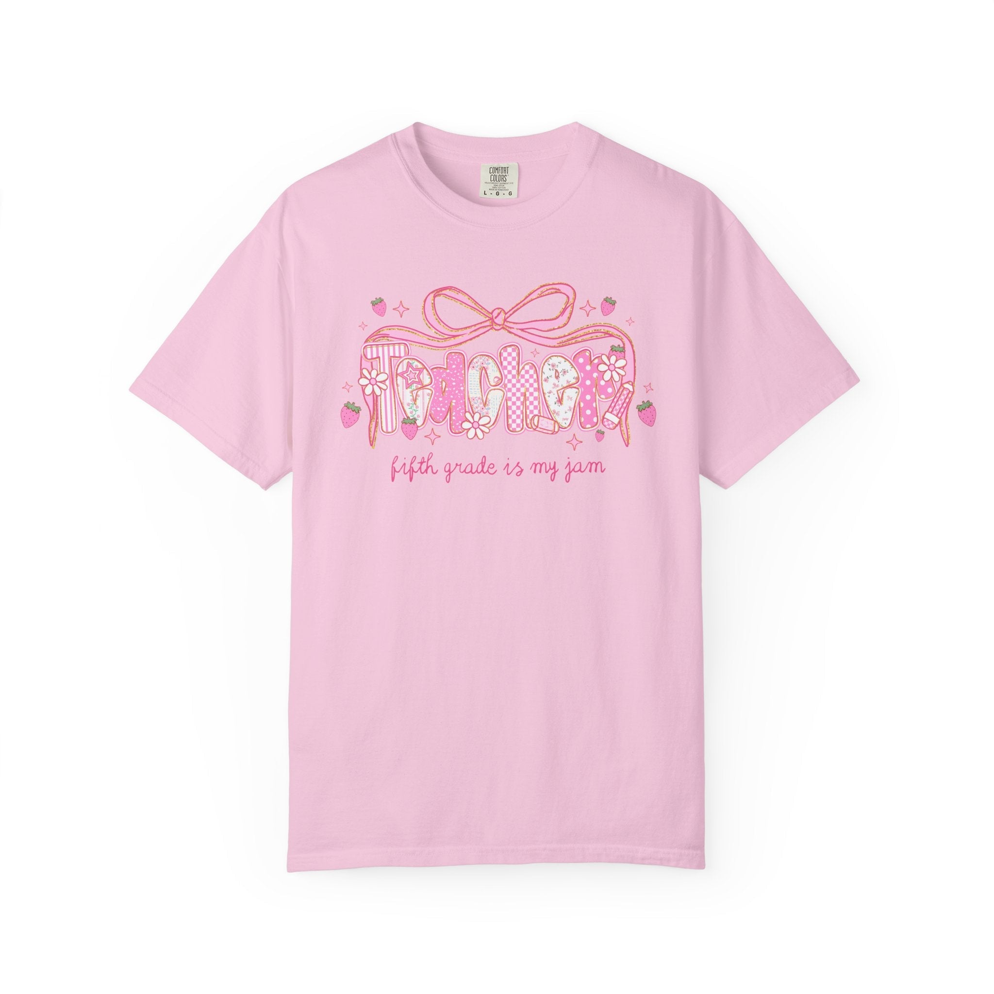 Fifth Grade Teacher Tee Shirt for Fifth Grade Squad or Crew, Floral Boho Strawberry T-Shirt with Messy Coquette Bow, Fruit Lover Teacher - Opal and June