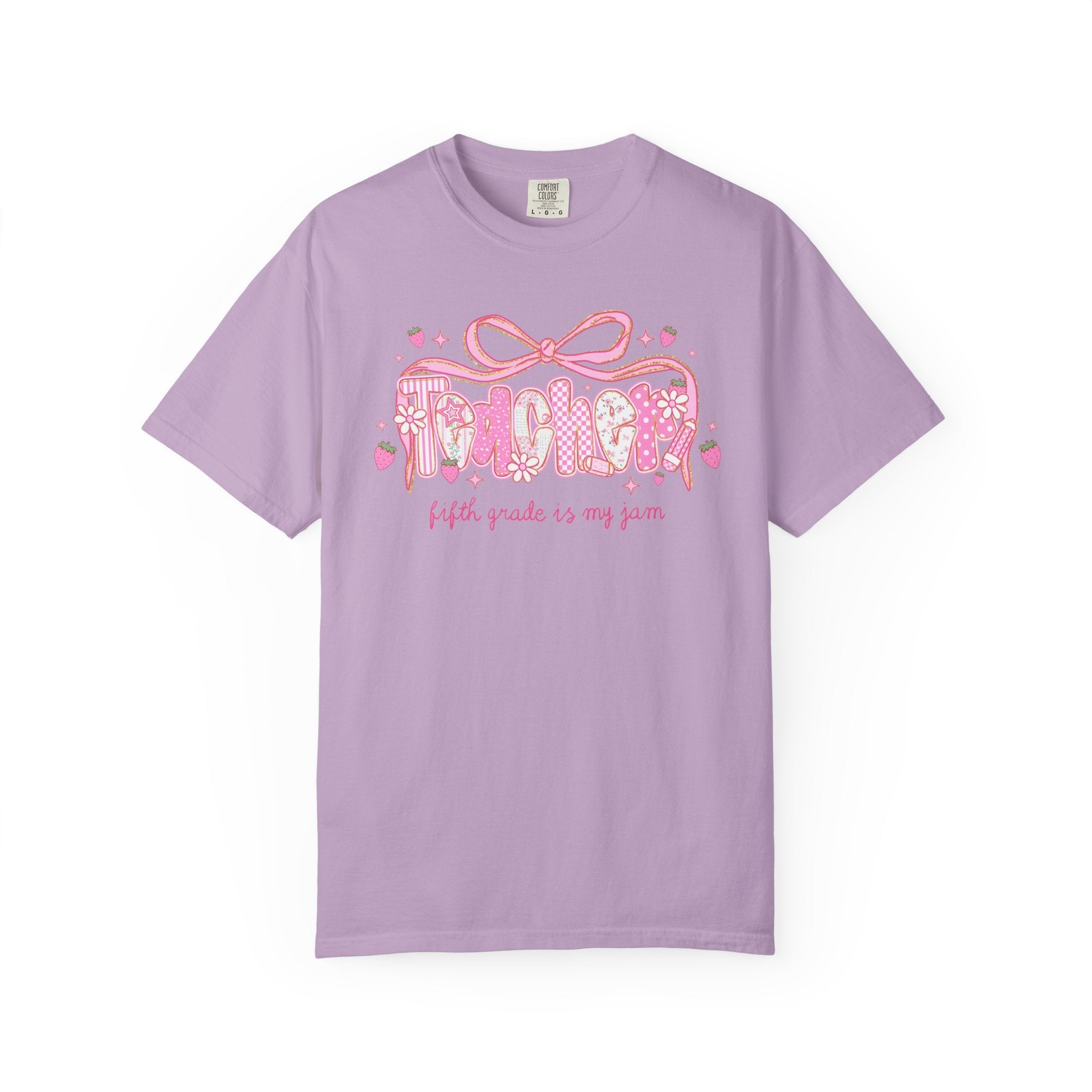 Fifth Grade Teacher Tee Shirt for Fifth Grade Squad or Crew, Floral Boho Strawberry T-Shirt with Messy Coquette Bow, Fruit Lover Teacher - Opal and June