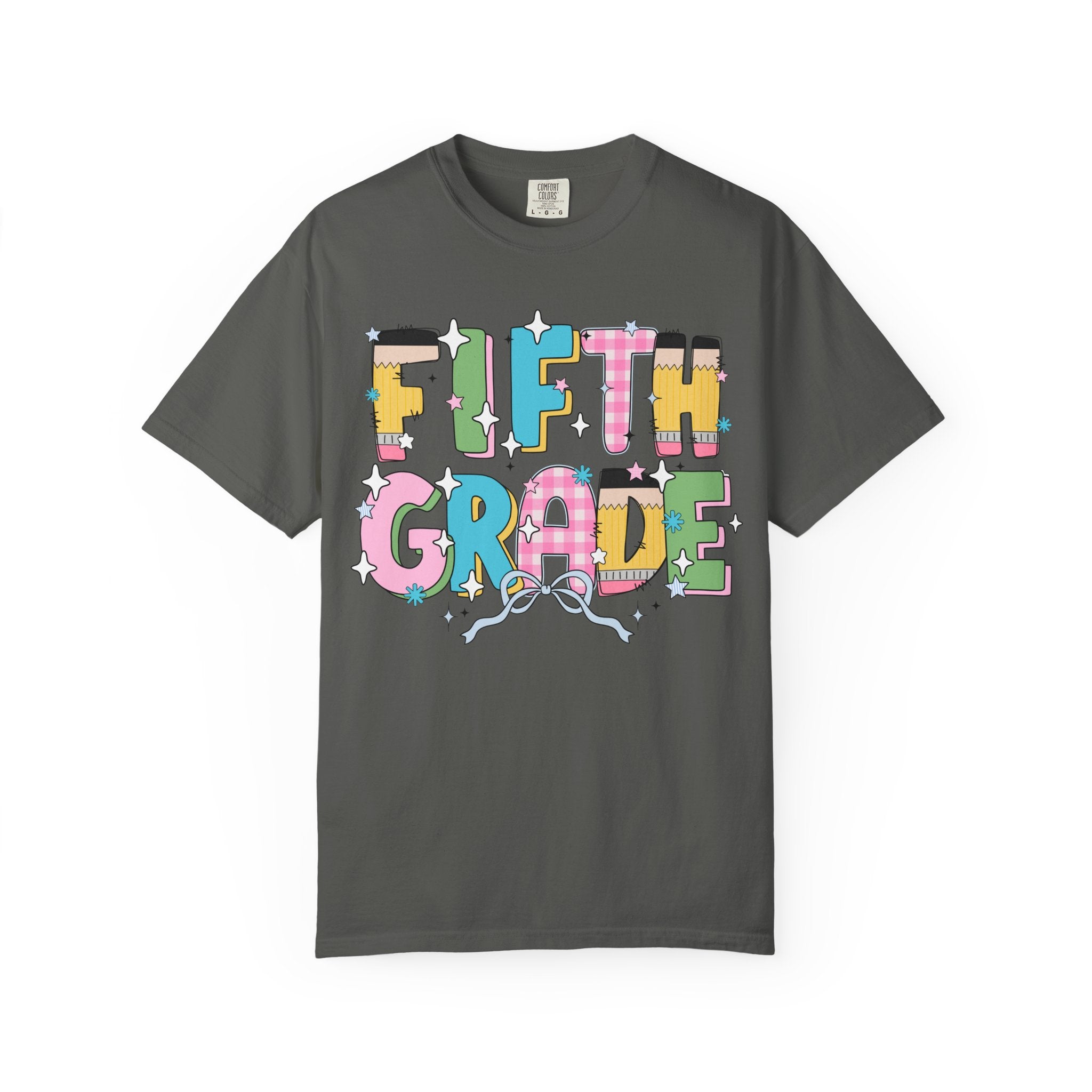 Fifth Grade Teacher Tee Shirt with Pink Gingham and Colorful Pencil Letters, Cute 90s Aesthetic Back to School Teacher T-Shirt with Stars - Opal and June
