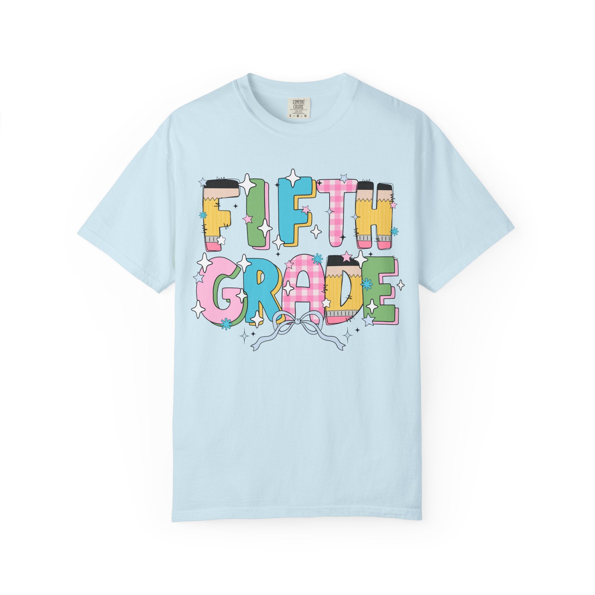 Fifth Grade Teacher Tee Shirt with Pink Gingham and Colorful Pencil Letters, Cute 90s Aesthetic Back to School Teacher T-Shirt with Stars - Opal and June