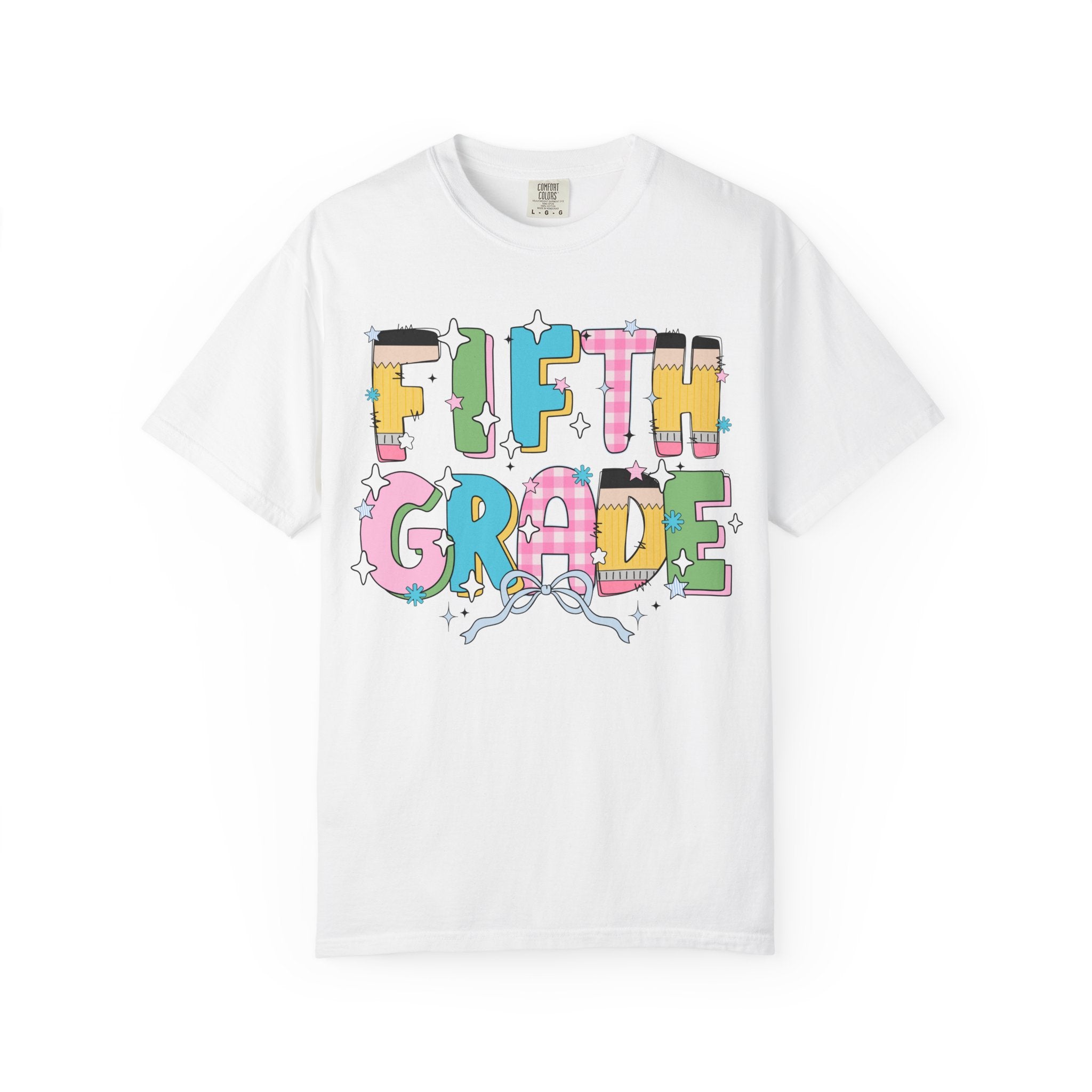 Fifth Grade Teacher Tee Shirt with Pink Gingham and Colorful Pencil Letters, Cute 90s Aesthetic Back to School Teacher T-Shirt with Stars - Opal and June