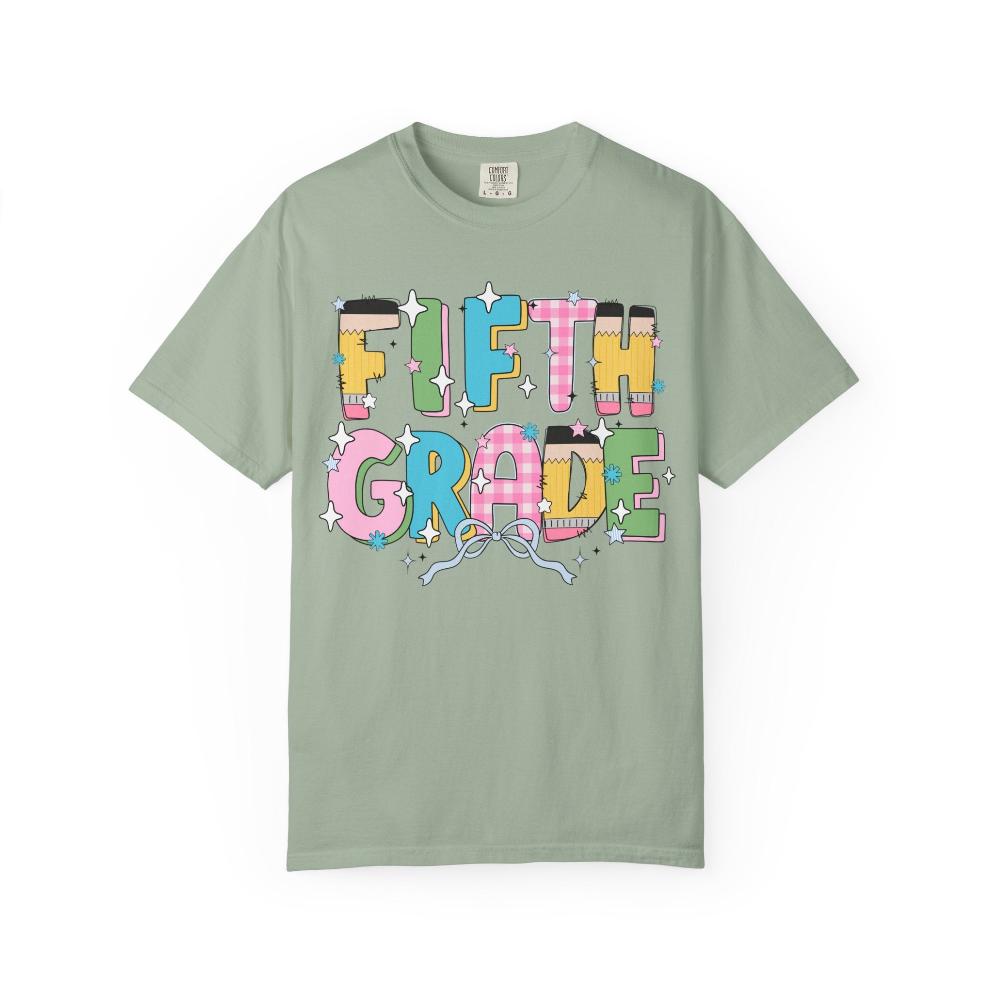 Fifth Grade Teacher Tee Shirt with Pink Gingham and Colorful Pencil Letters, Cute 90s Aesthetic Back to School Teacher T-Shirt with Stars - Opal and June