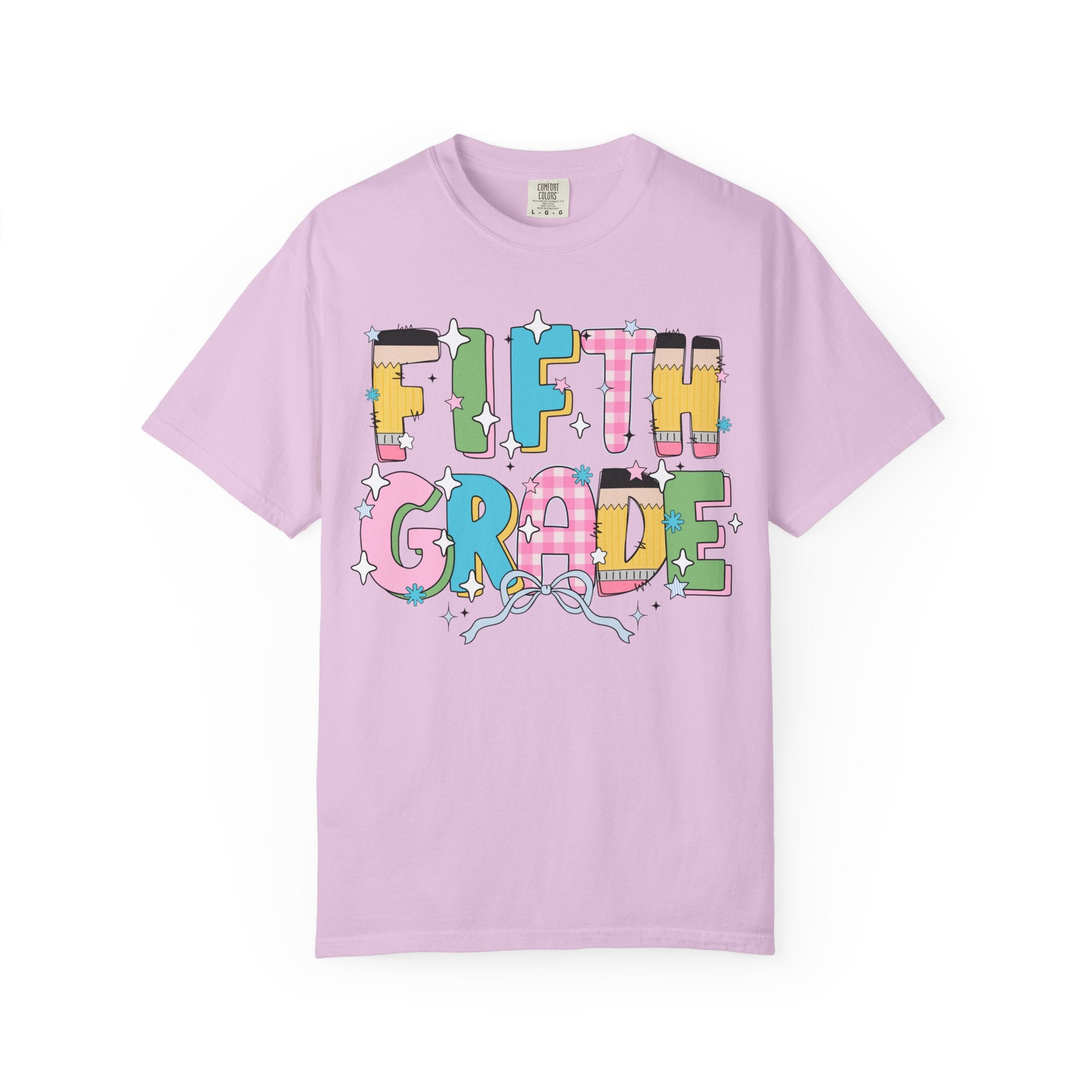 Fifth Grade Teacher Tee Shirt with Pink Gingham and Colorful Pencil Letters, Cute 90s Aesthetic Back to School Teacher T-Shirt with Stars - Opal and June