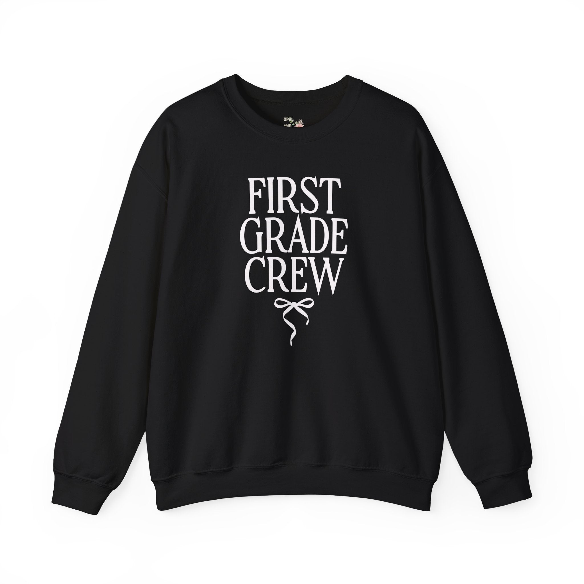 First Grade Crew Matching Teacher Sweatshirt with Messy Coquette Bow, Colorful First Grade Teacher Shirt, Back to School, Meet the Teacher - Opal and June