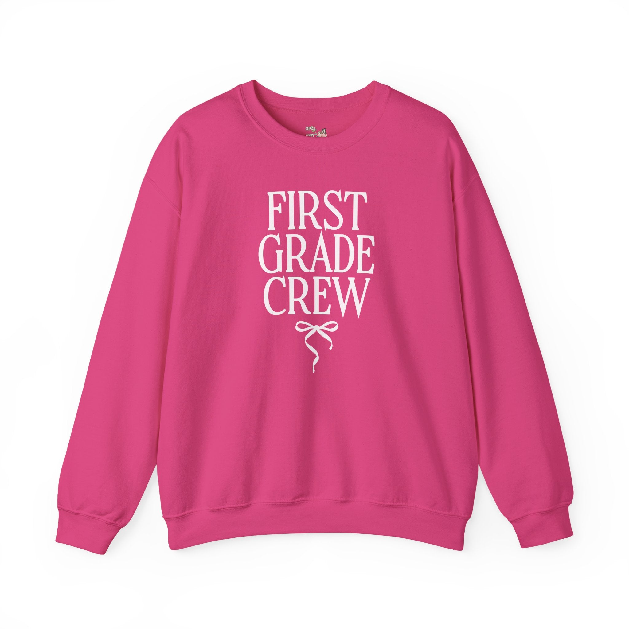 First Grade Crew Matching Teacher Sweatshirt with Messy Coquette Bow, Colorful First Grade Teacher Shirt, Back to School, Meet the Teacher - Opal and June