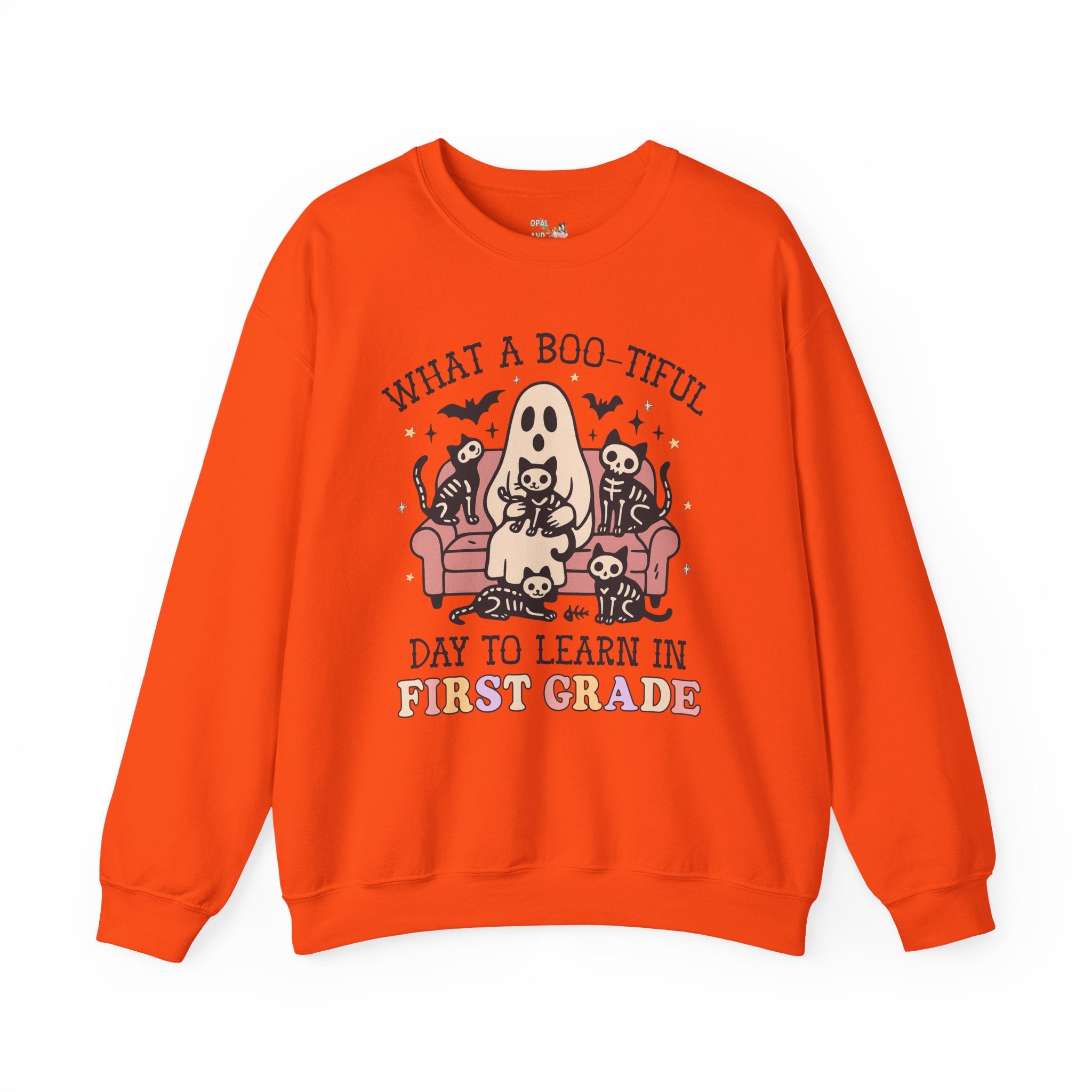 First Grade Halloween Teacher Sweatshirt, Cute Spooky Cats, Matching Teacher Shirt for Halloween, Nostalgic Halloween Funny Saying Shirt - Opal and June