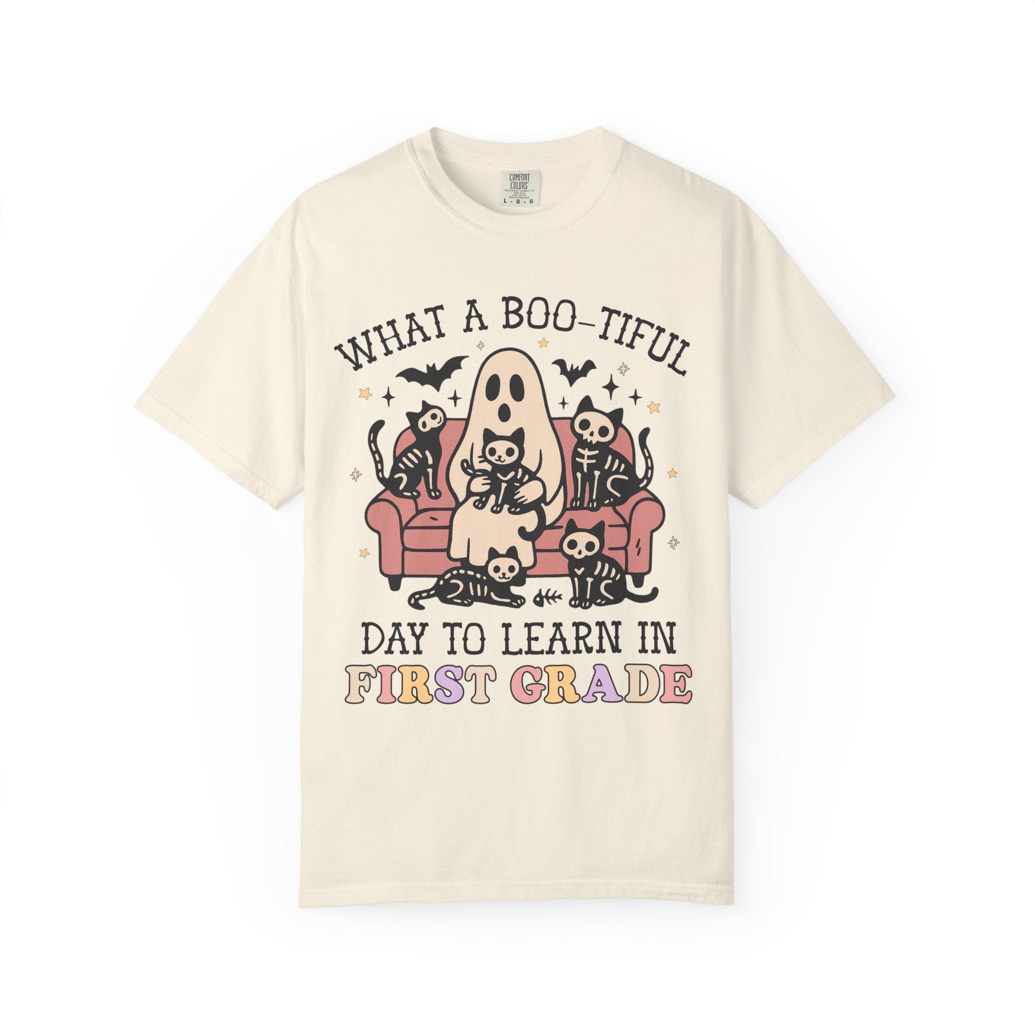 First Grade Halloween Teacher Tee Shirt, Cute Floral Ghost Holding Books, Silly Dreamcore Book Lover Tee for Spooky Season, 90s Throwback - Opal and June