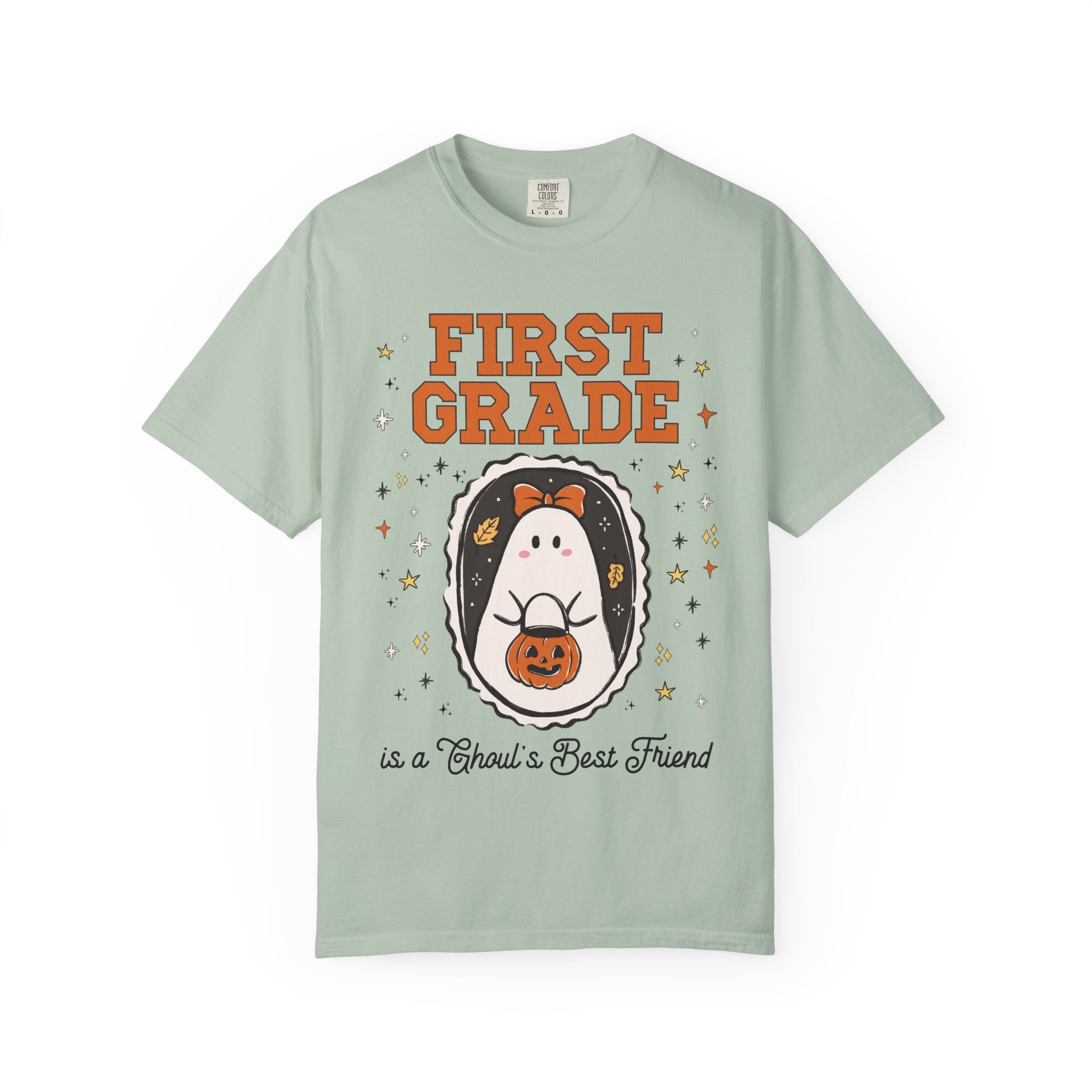 First Grade Halloween Teacher Tee Shirt with Stars, Cute Ghost Lover Tee for Fall, Matching First Grade Crew Halloween Tee, 90s Throwback - Opal and June