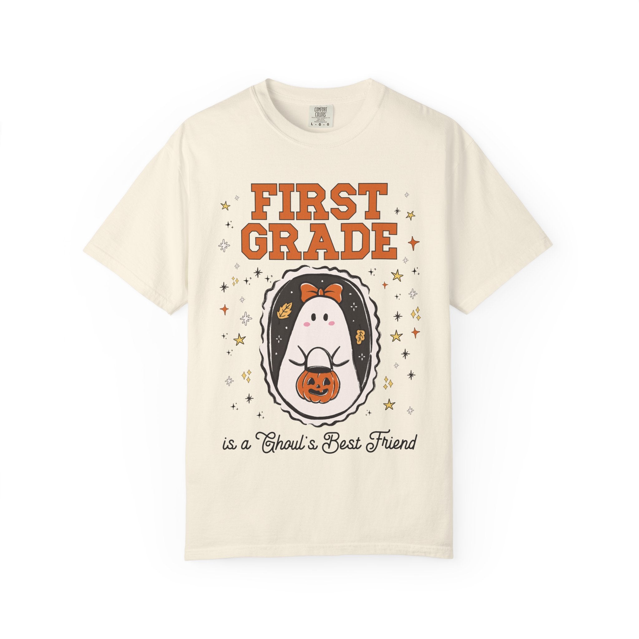 First Grade Halloween Teacher Tee Shirt with Stars, Cute Ghost Lover Tee for Fall, Matching First Grade Crew Halloween Tee, 90s Throwback - Opal and June