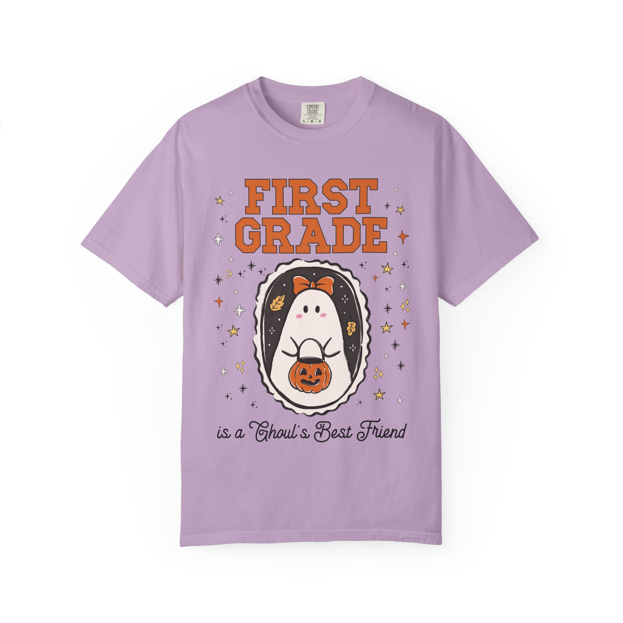 First Grade Halloween Teacher Tee Shirt with Stars, Cute Ghost Lover Tee for Fall, Matching First Grade Crew Halloween Tee, 90s Throwback - Opal and June