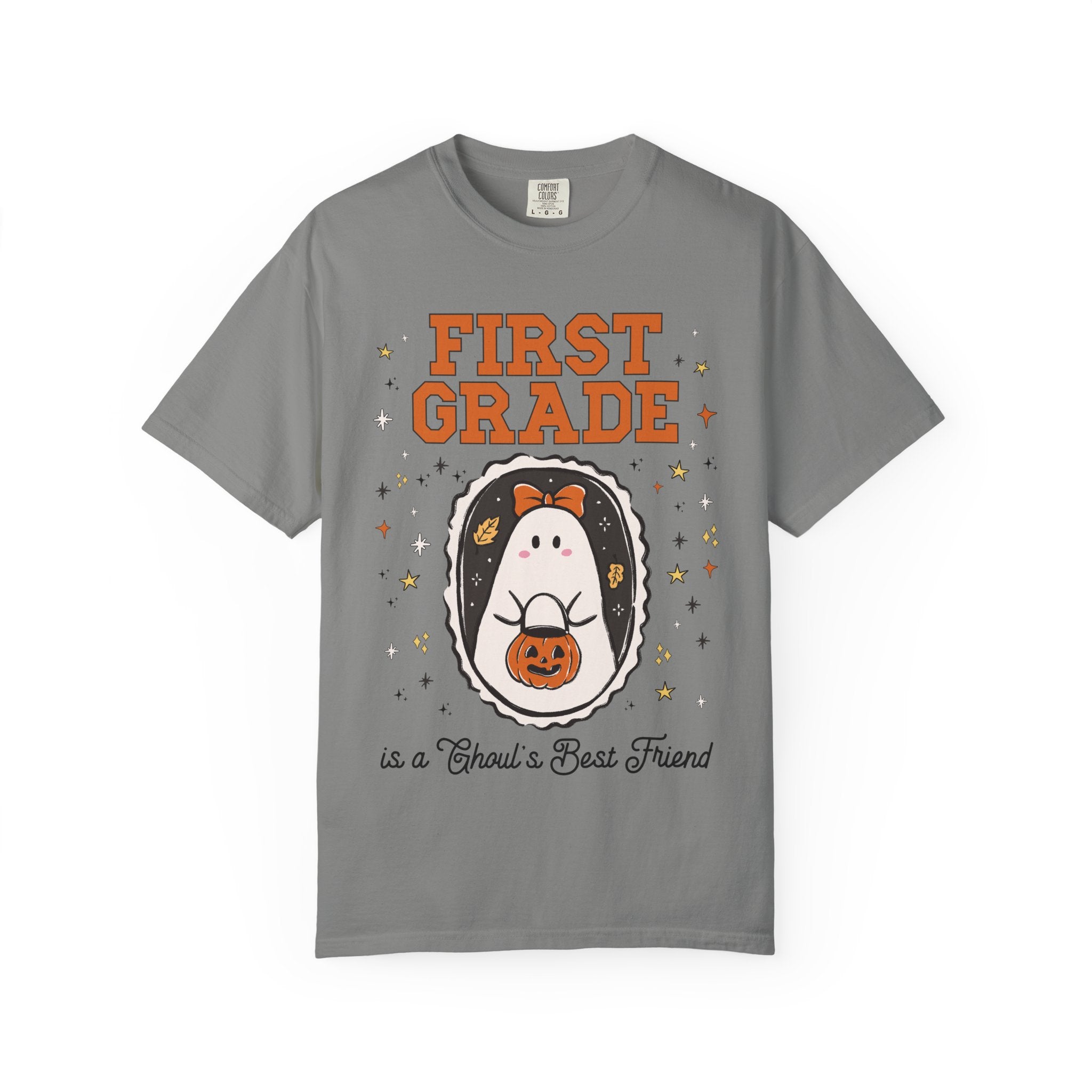 First Grade Halloween Teacher Tee Shirt with Stars, Cute Ghost Lover Tee for Fall, Matching First Grade Crew Halloween Tee, 90s Throwback - Opal and June
