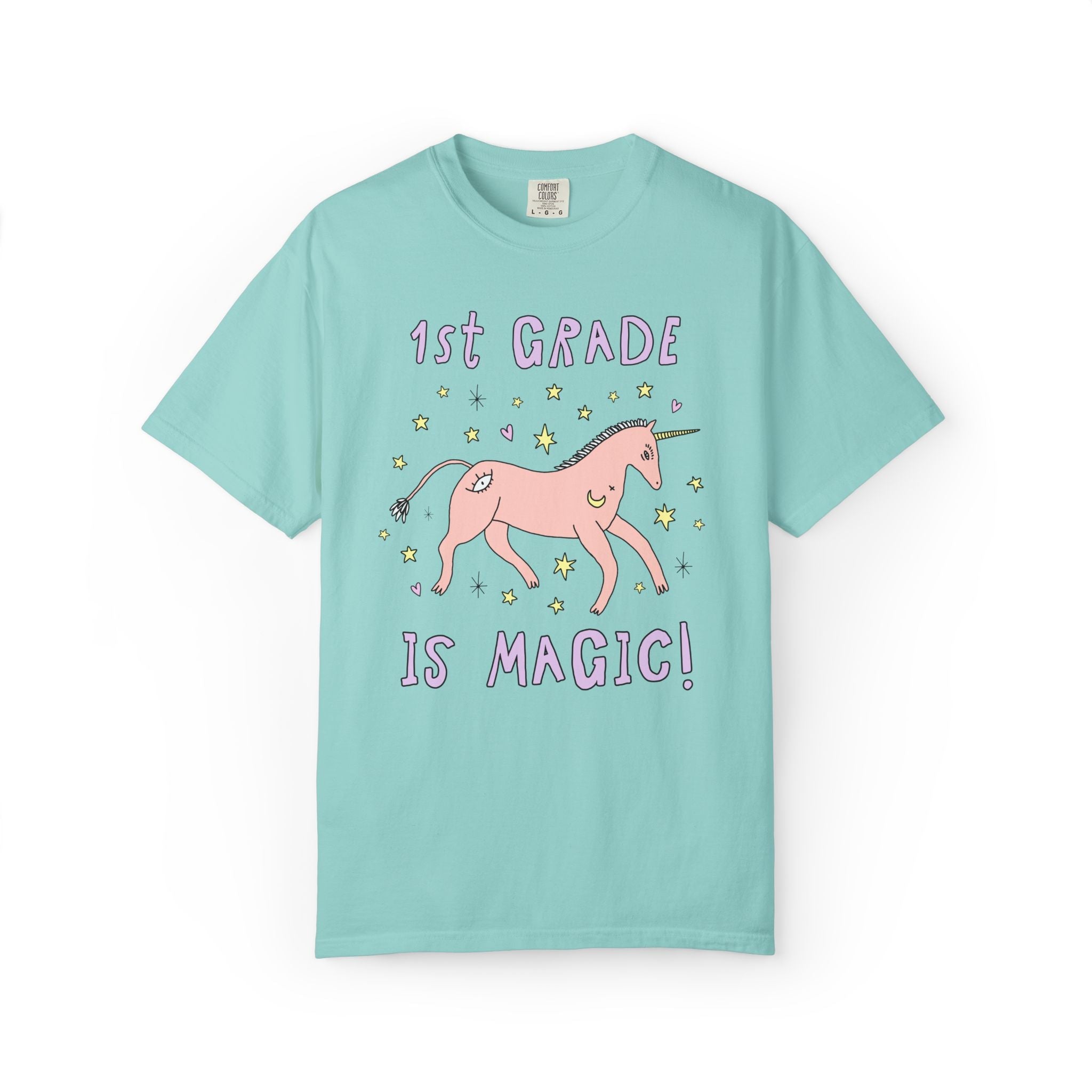First Grade is Magic: Colorful Matching Teacher Shirt for Back to School, Cute and Nostalgic Unicorn Lover Celestial Vibe Tee - Opal and June