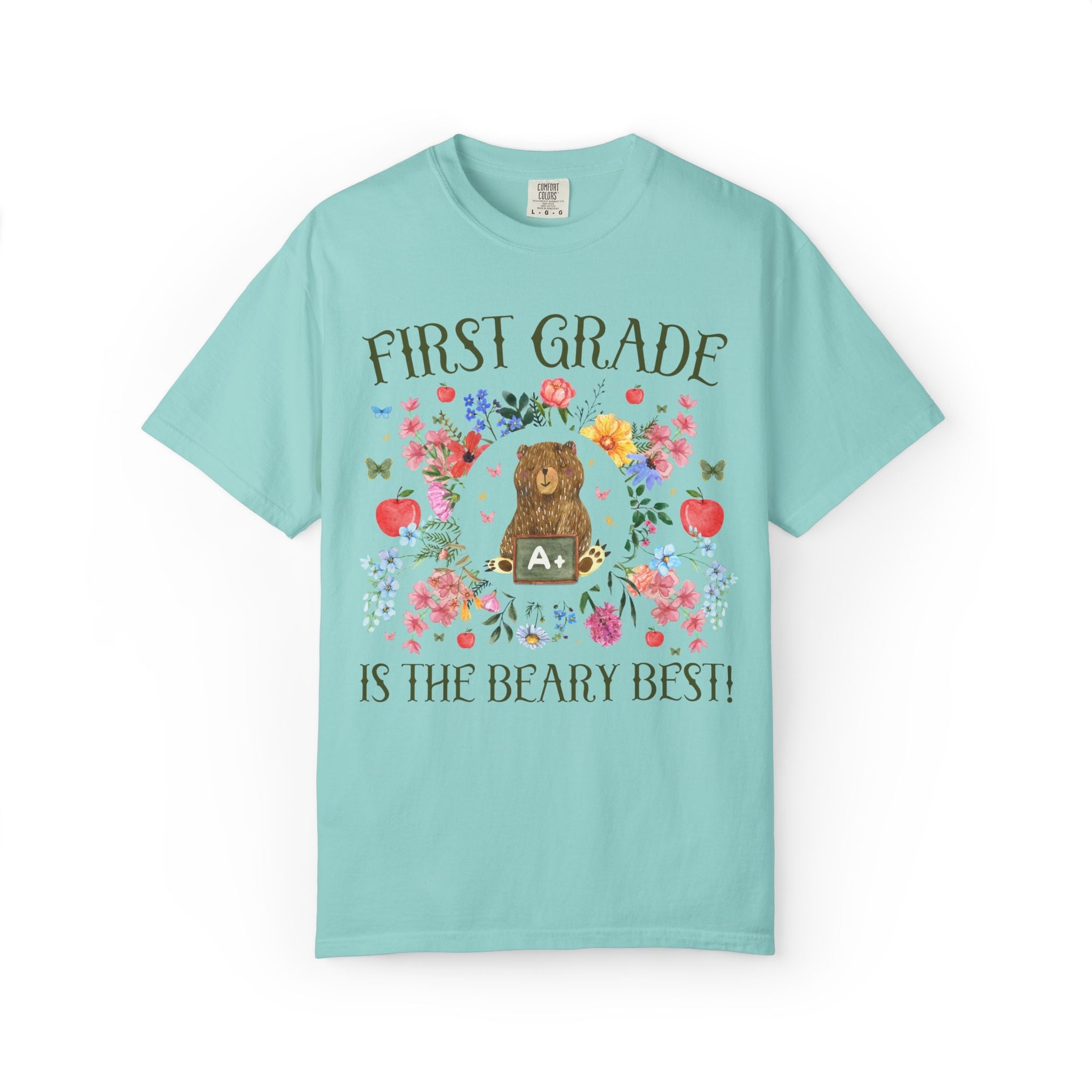 First Grade is The Beary Best Matching Teacher T-Shirt with Flowers and Cute Cottagecore Bear, Back to School Goblincore Tee - Opal and June