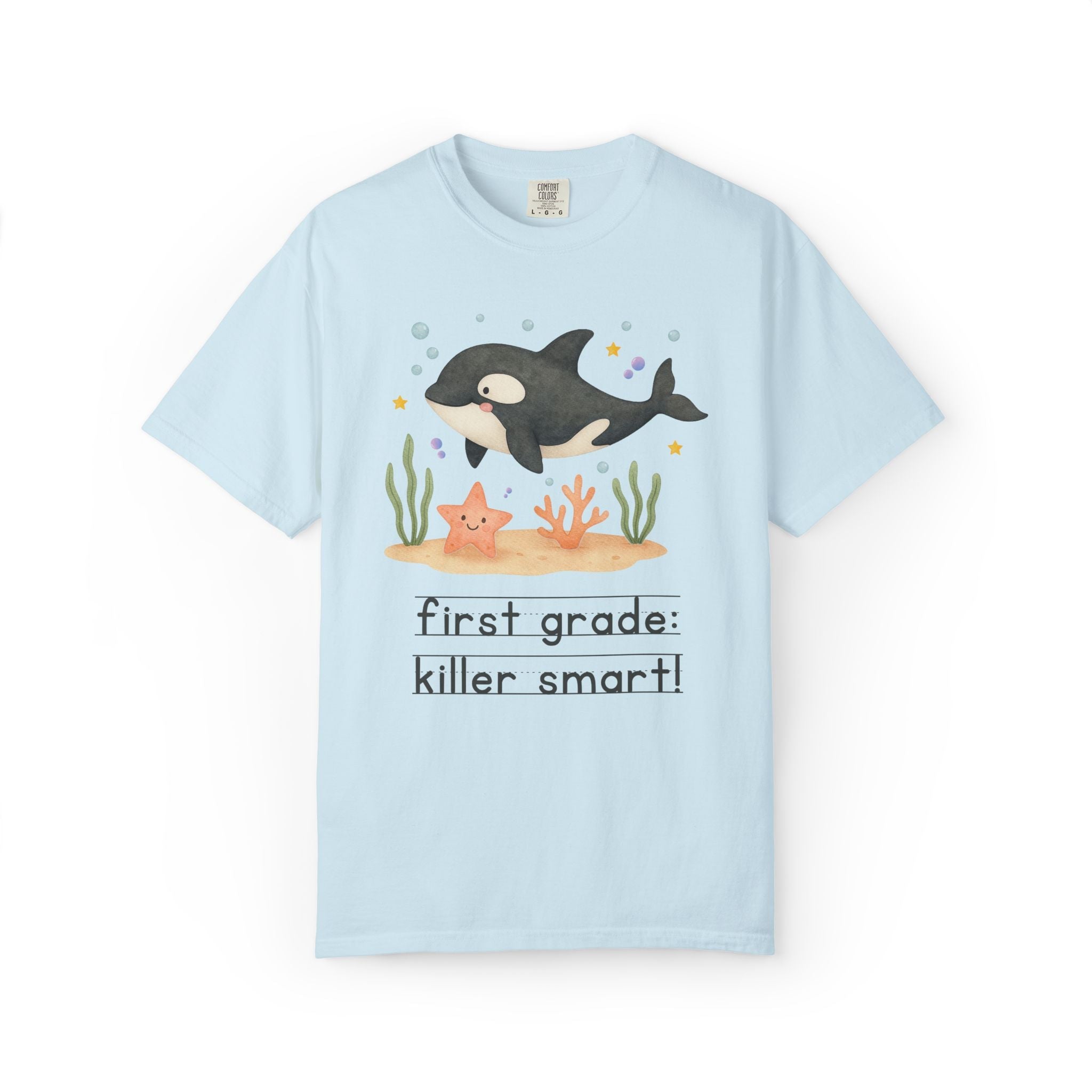 First Grade: Killer Smart Matching Teacher Tee Shirt for Back to School or Testing Day, Cute and Nostalgic Ocean Animal Orca Whale - Opal and June