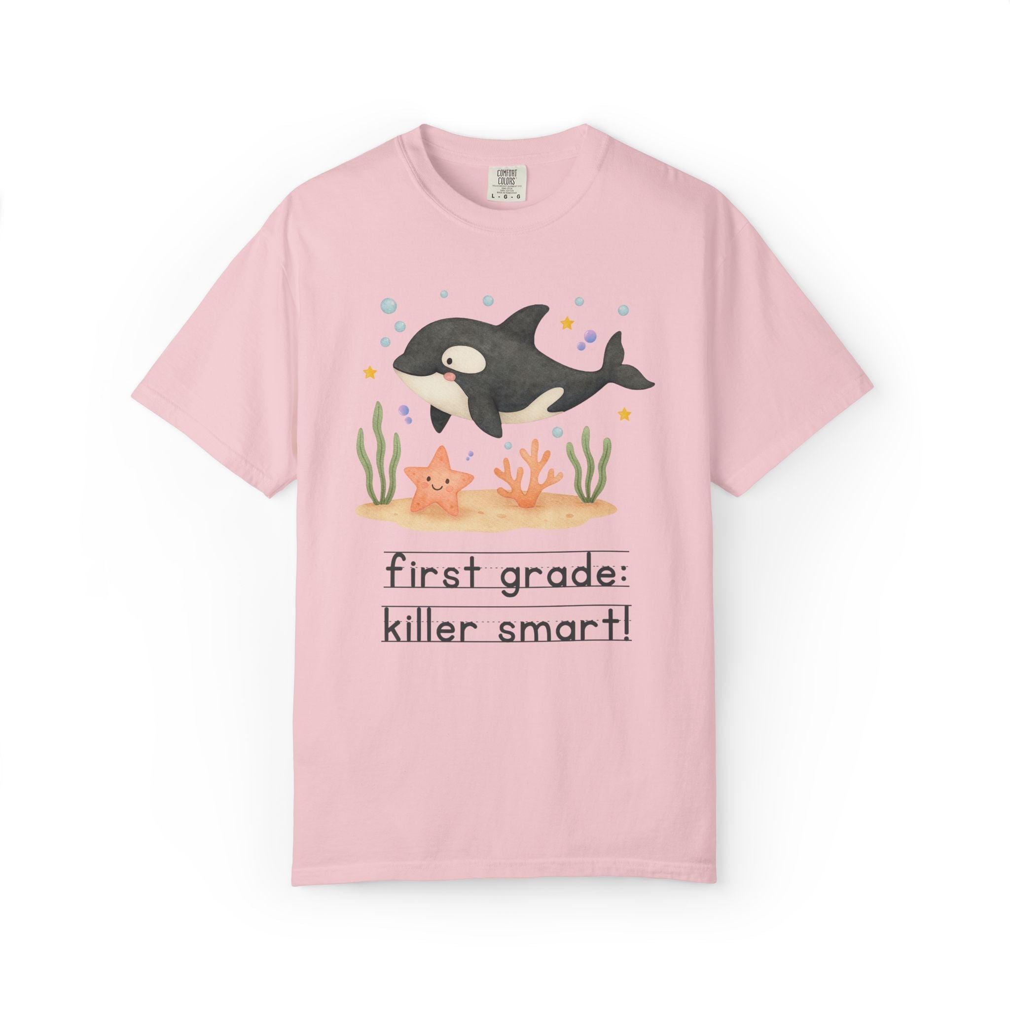 First Grade: Killer Smart Matching Teacher Tee Shirt for Back to School or Testing Day, Cute and Nostalgic Ocean Animal Orca Whale - Opal and June